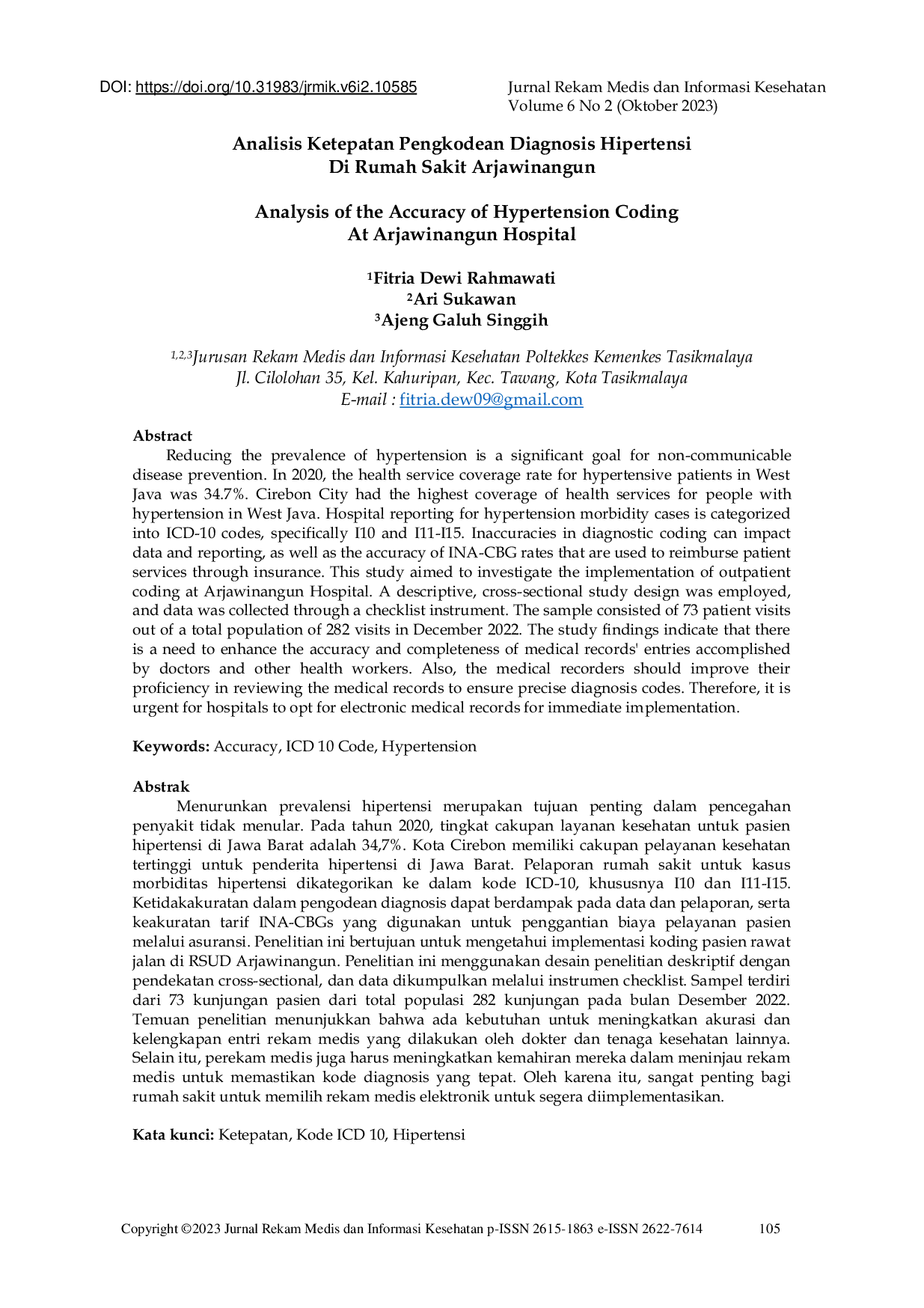 JURIS Analisis Ketepatan Pengkodean Diagnosis Hipertensi Di Rumah Sakit Arjawinangun