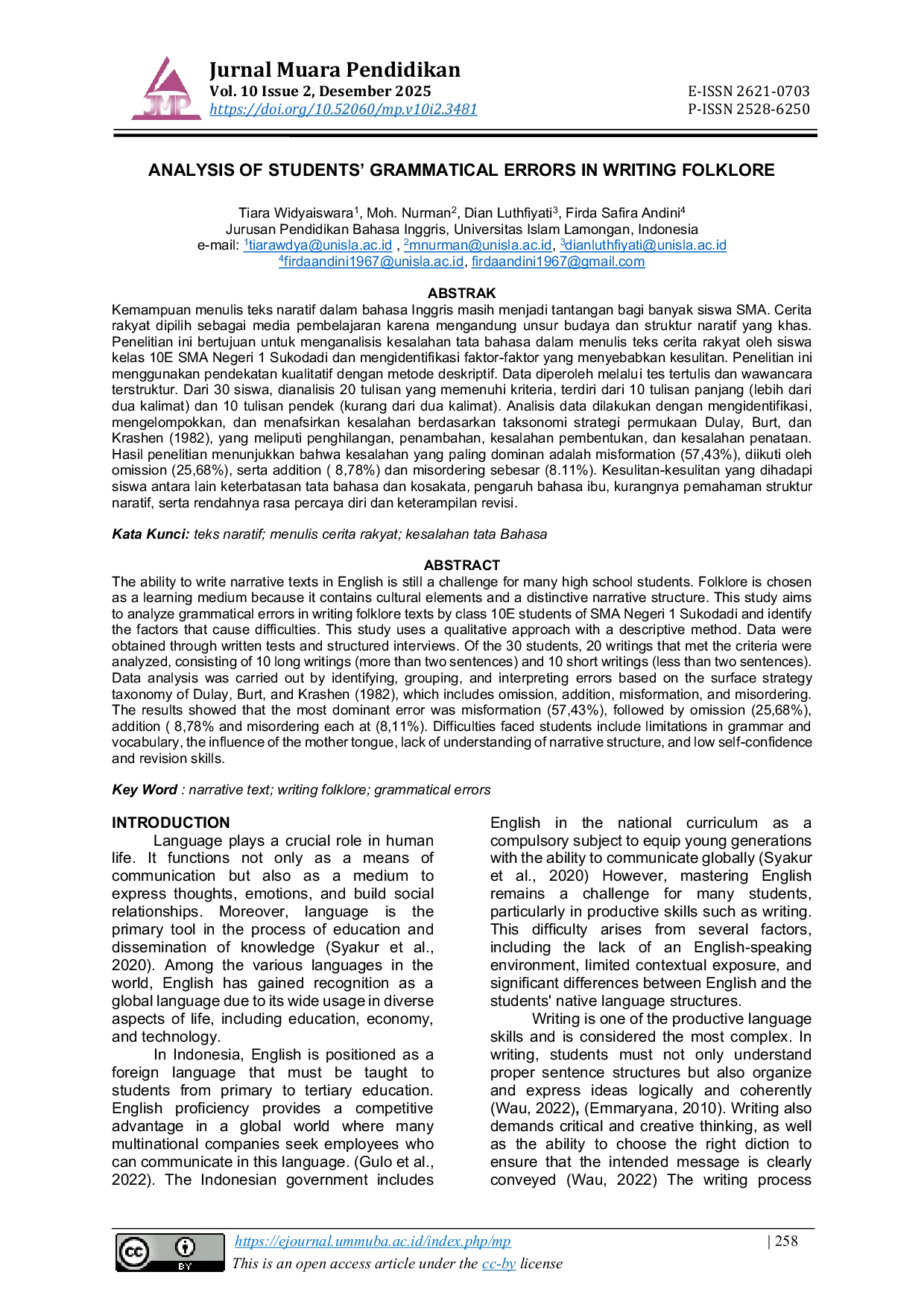 JURIS Analysis Of Students Grammatical Errors In Writing Folklore