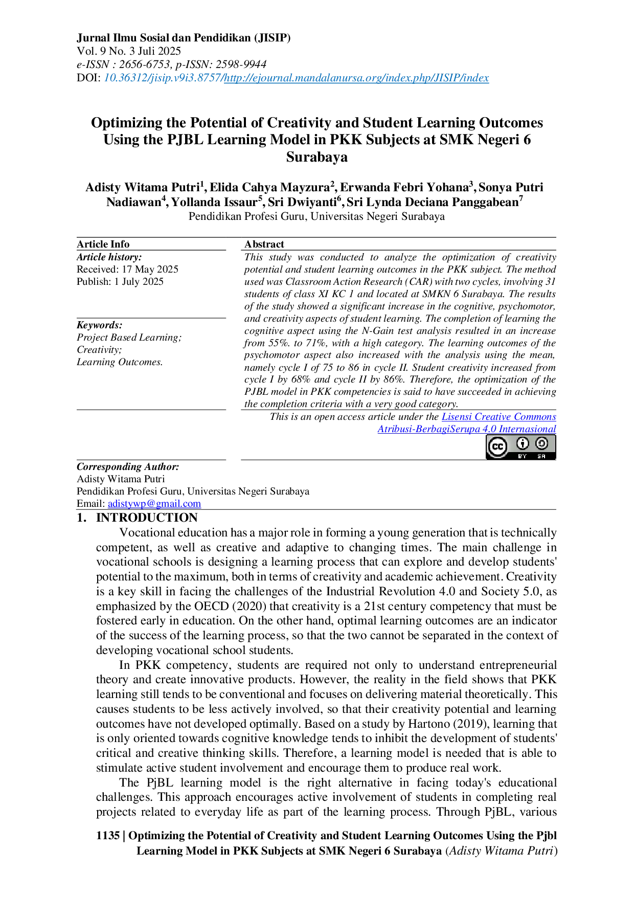 JURIS Optimizing the Potential of Creativity and Student Learning Outcomes Using the PJBL Learning Model in PKK Subjects at SMK Negeri 6 Surabaya