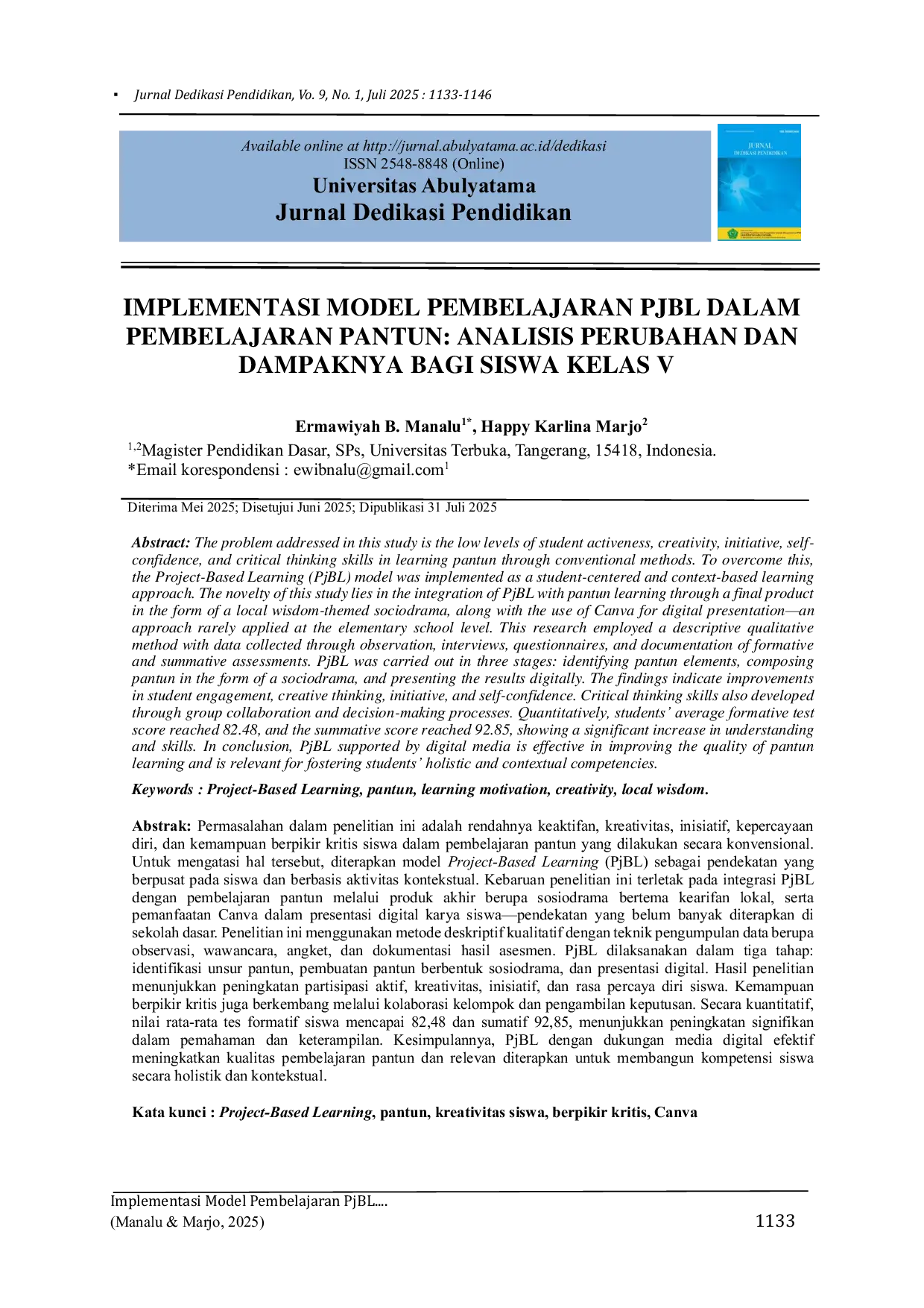 JURIS Implementation of the PjBL Learning Model in Pantun Learning Analysis of Changes and Its Impact on Fifth Grade Students
