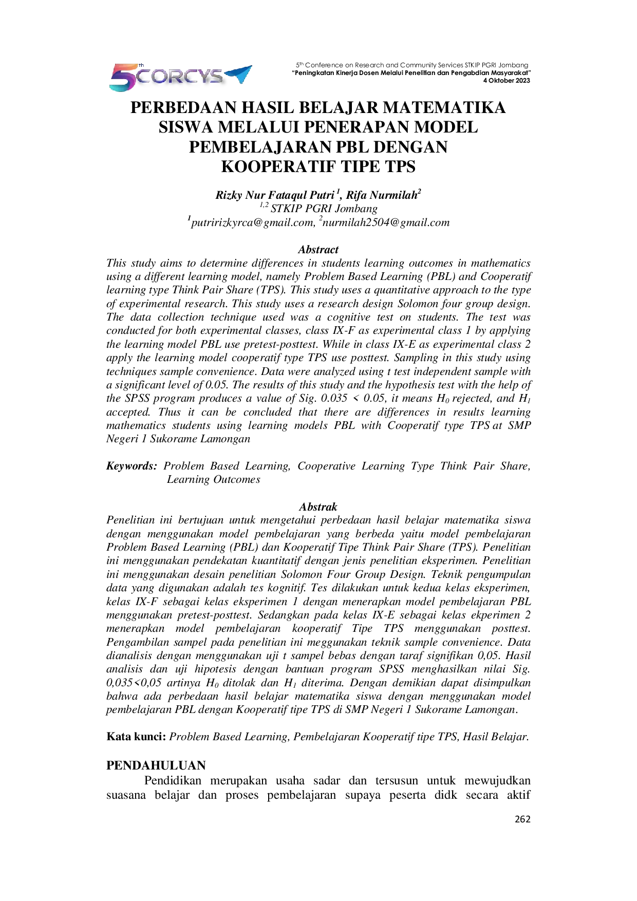 JURIS Perbedaan Hasil Belajar Matematika Siswa Melalui Penerapan Model Pembelajaran PBL dan Kooperatif Tipe TPS