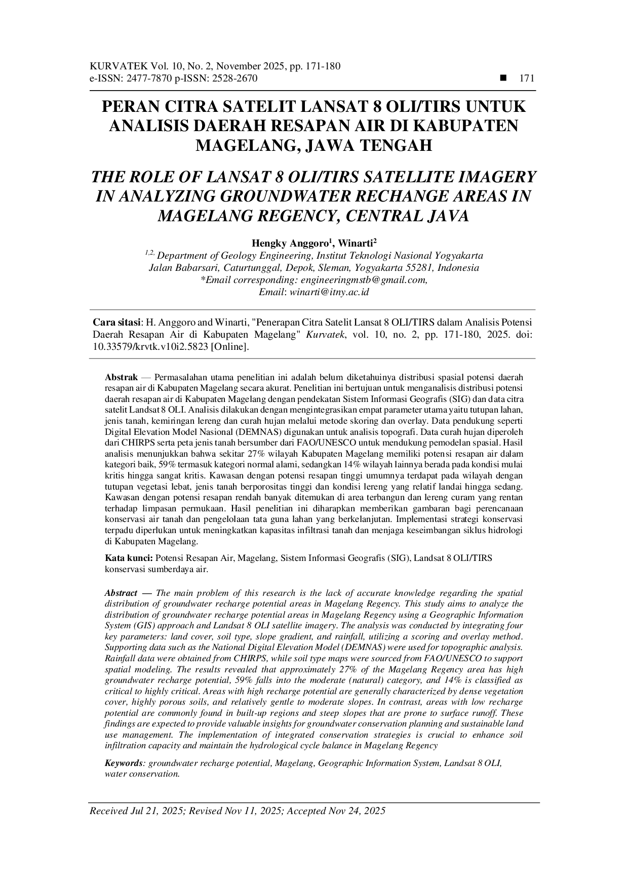 JURIS Peran Citra Satelit Landsat 8 OLI TIRS untuk Analisis Daerah Resapan Air di Kabupaten Magelang Jawa Tengah