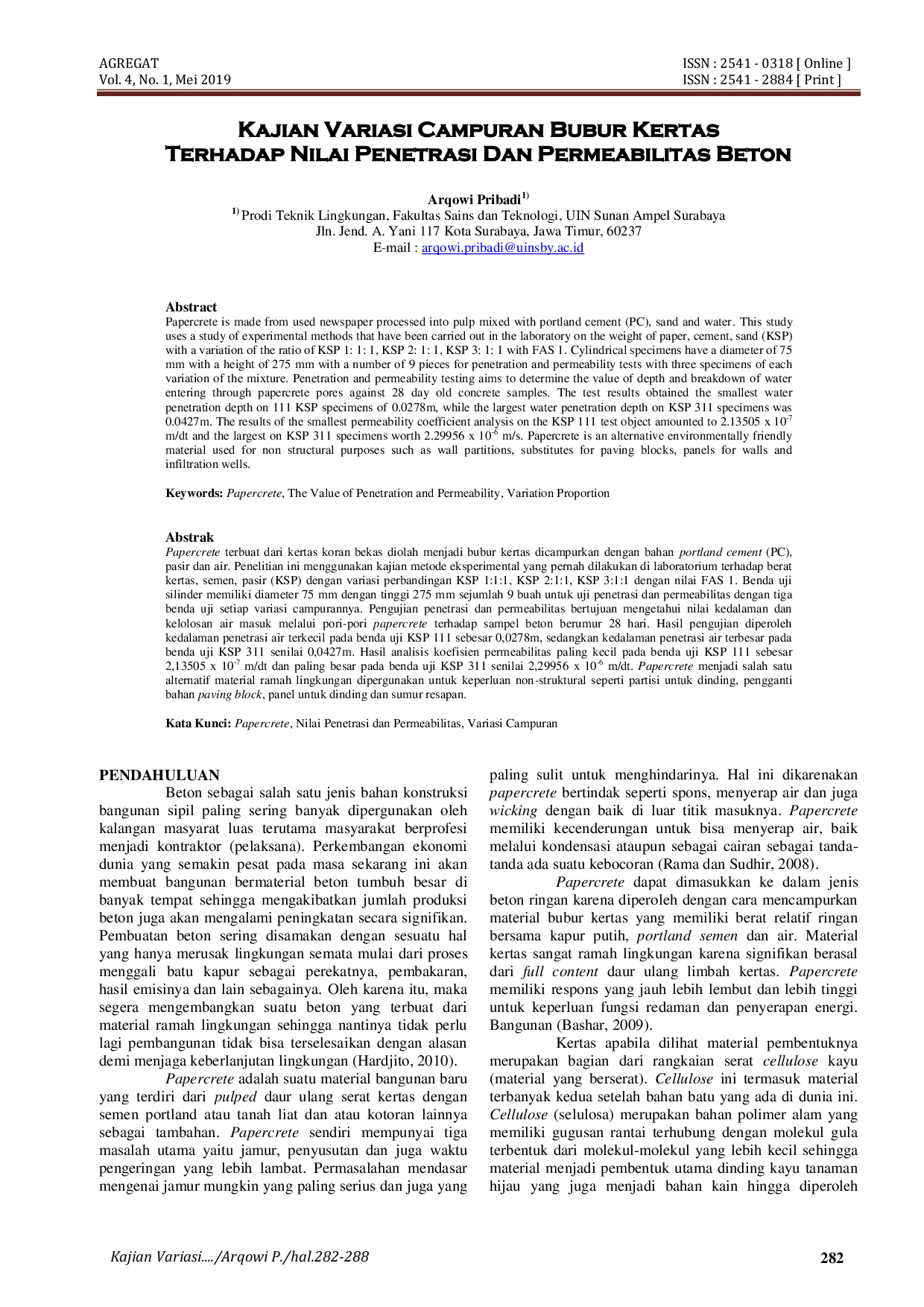 JURIS Kajian Variasi Campuran Bubur Kertas Terhadap Nilai Penetrasi Dan Permeabilitas Beton