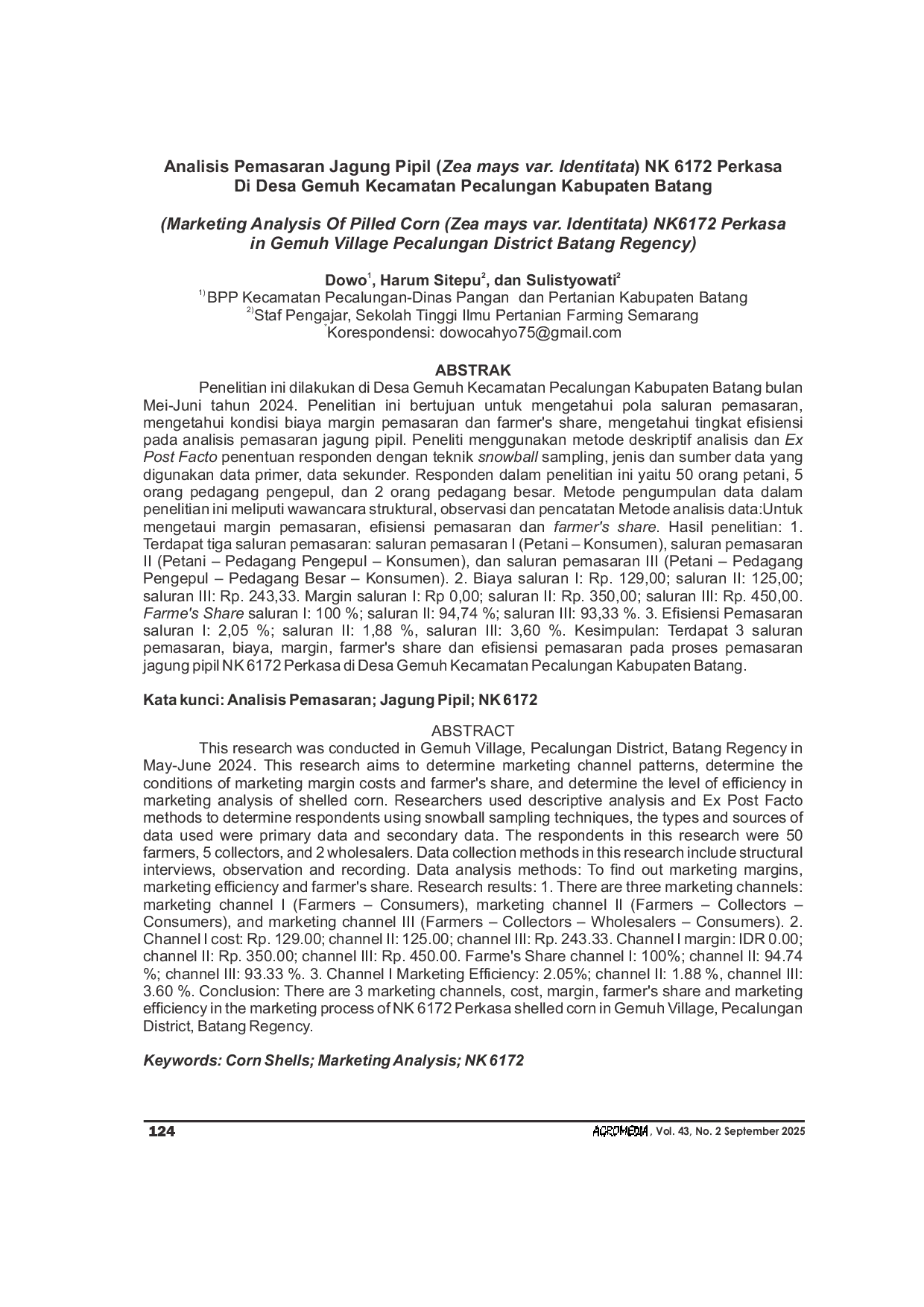 JURIS Analisis Pemasaran Jagung Pipil Zea mays var Identitata NK 6172 Perkasa Di Desa Gemuh Kecamatan Pecalungan Kabupaten Batang
