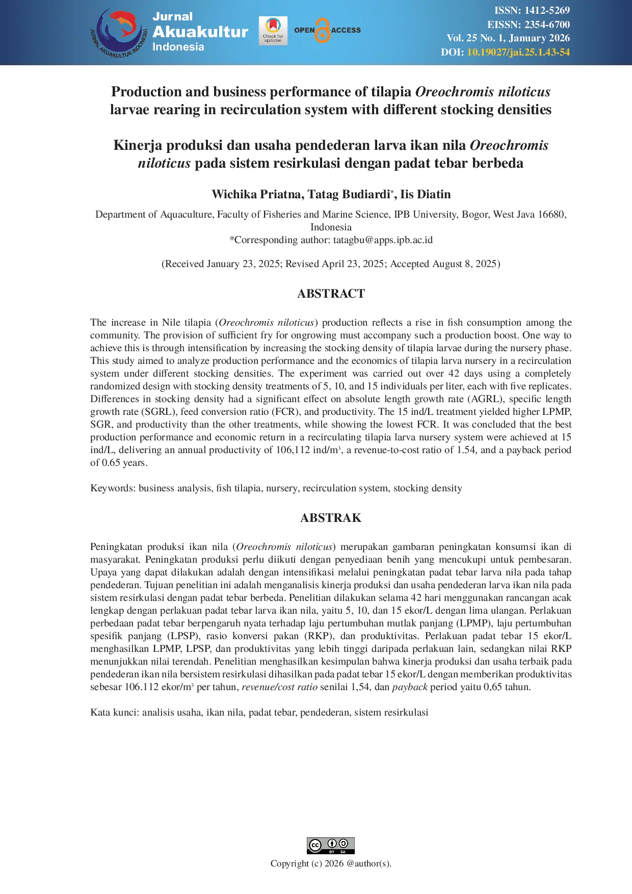 JURIS Production and business performance of tilapia Oreochromis niloticus rearing in recirculation system with different stocking densities