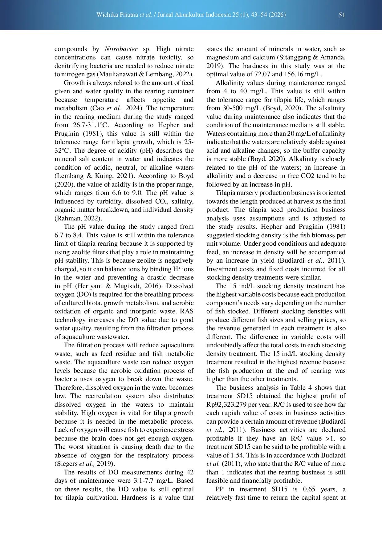 JURIS Production and business performance of tilapia Oreochromis niloticus rearing in recirculation system with different stocking densities