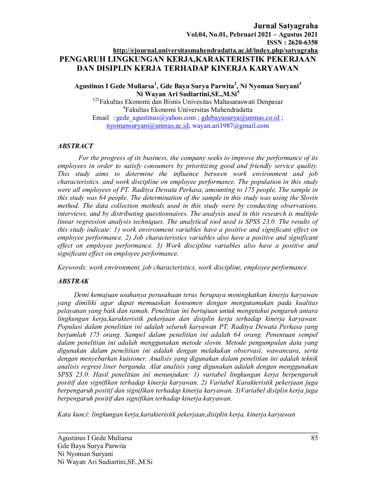 JURIS Pengaruh Lingkungan Kerja Karakteristik Pekerjaan Dan Disiplin Kerja Terhadap Kinerja Karyawan