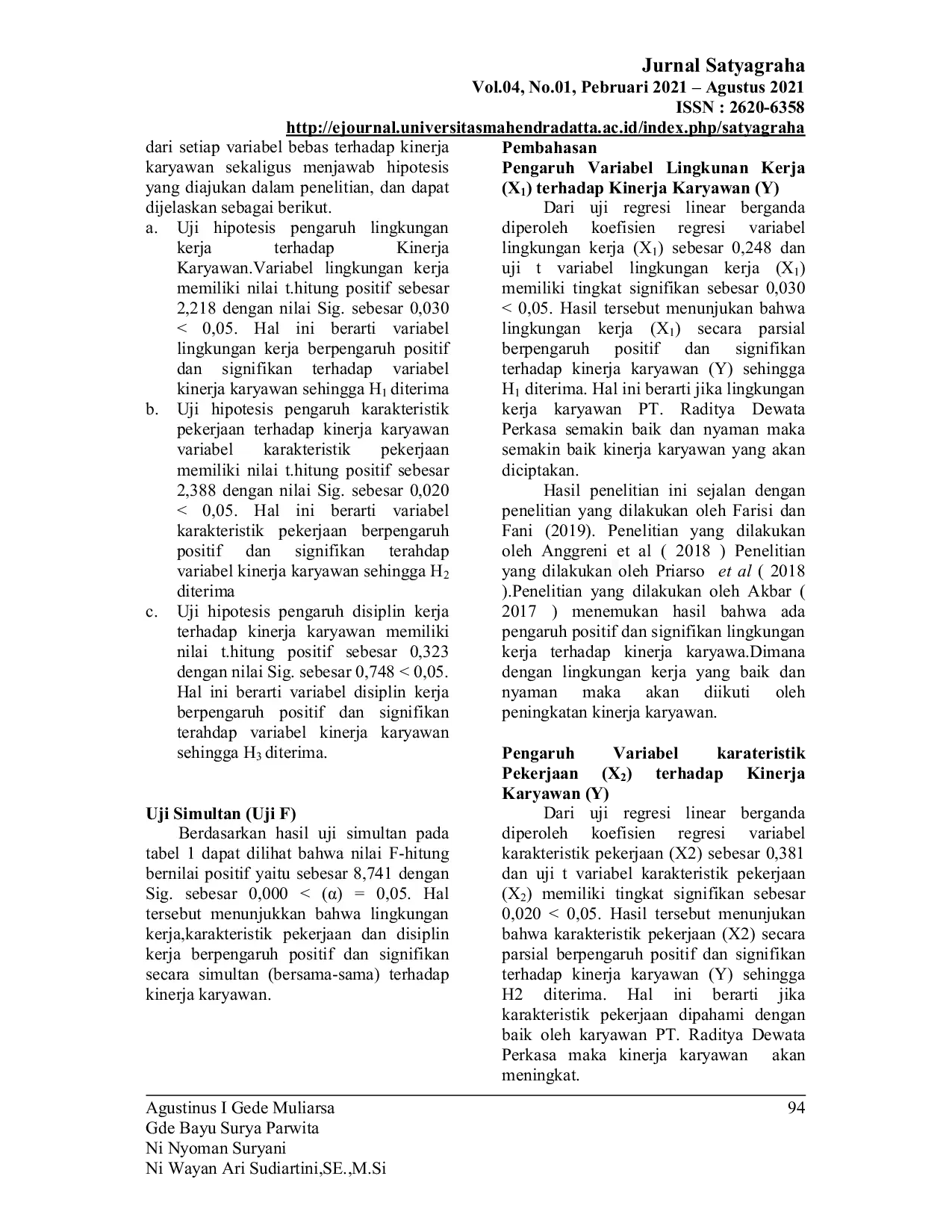 JURIS Pengaruh Lingkungan Kerja Karakteristik Pekerjaan Dan Disiplin Kerja Terhadap Kinerja Karyawan