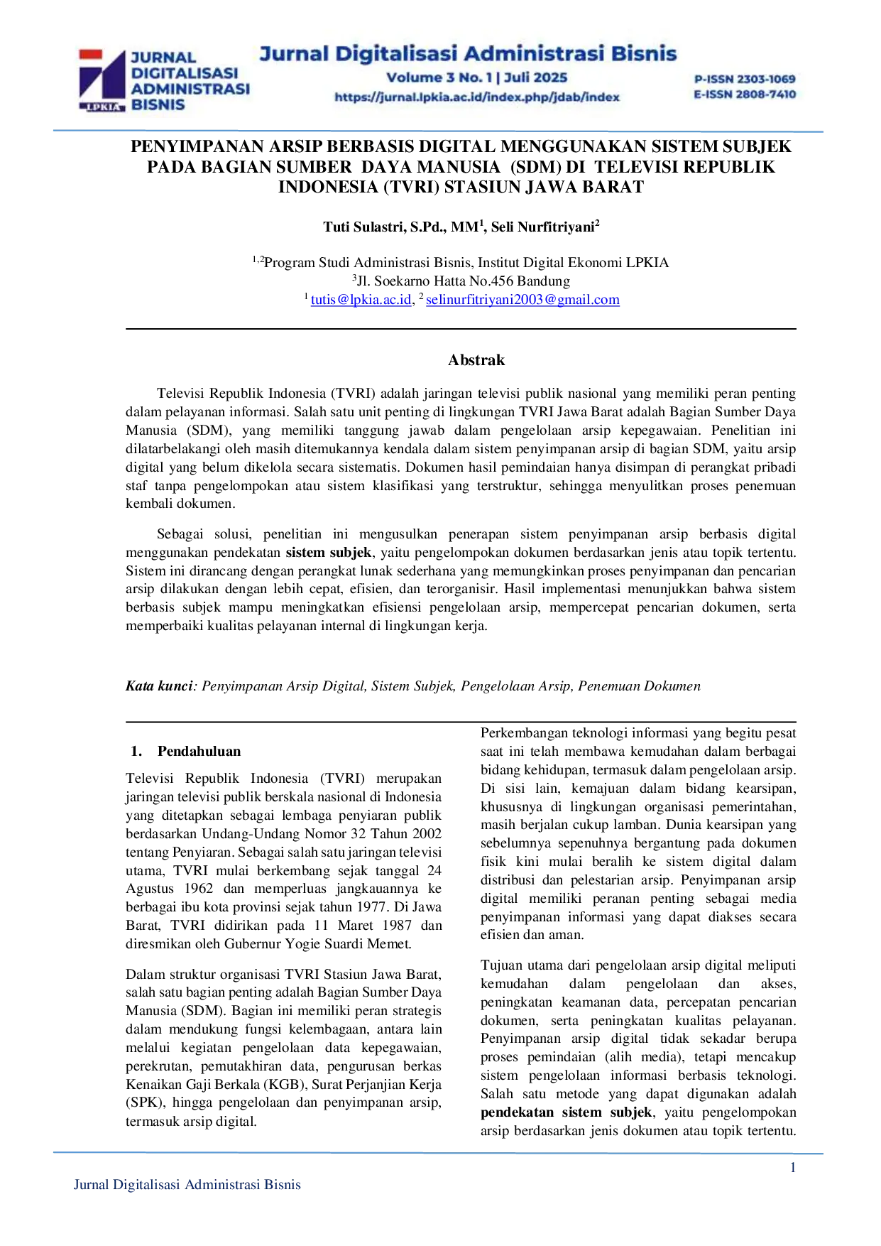 juris Penyimpanan Arsip Basis Digital Menggunakan Sistem Subjek Pada Bagian Sumber Daya Manusia SDM Di Televisi Republik Indonesia TVRI Stasiun Jawa Barat