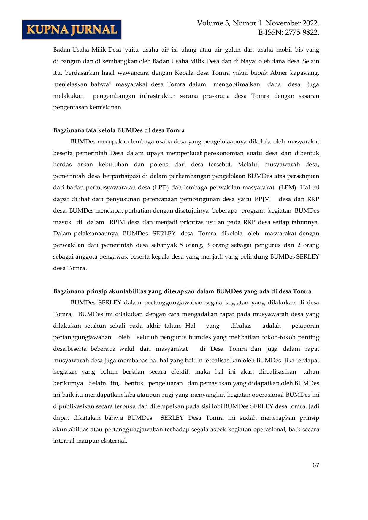 JURIS Peran Bumdes Dalam Membangun Kewirausahaan Dan Kemandirian Desa Studi Kasus Pada Desa Tomra