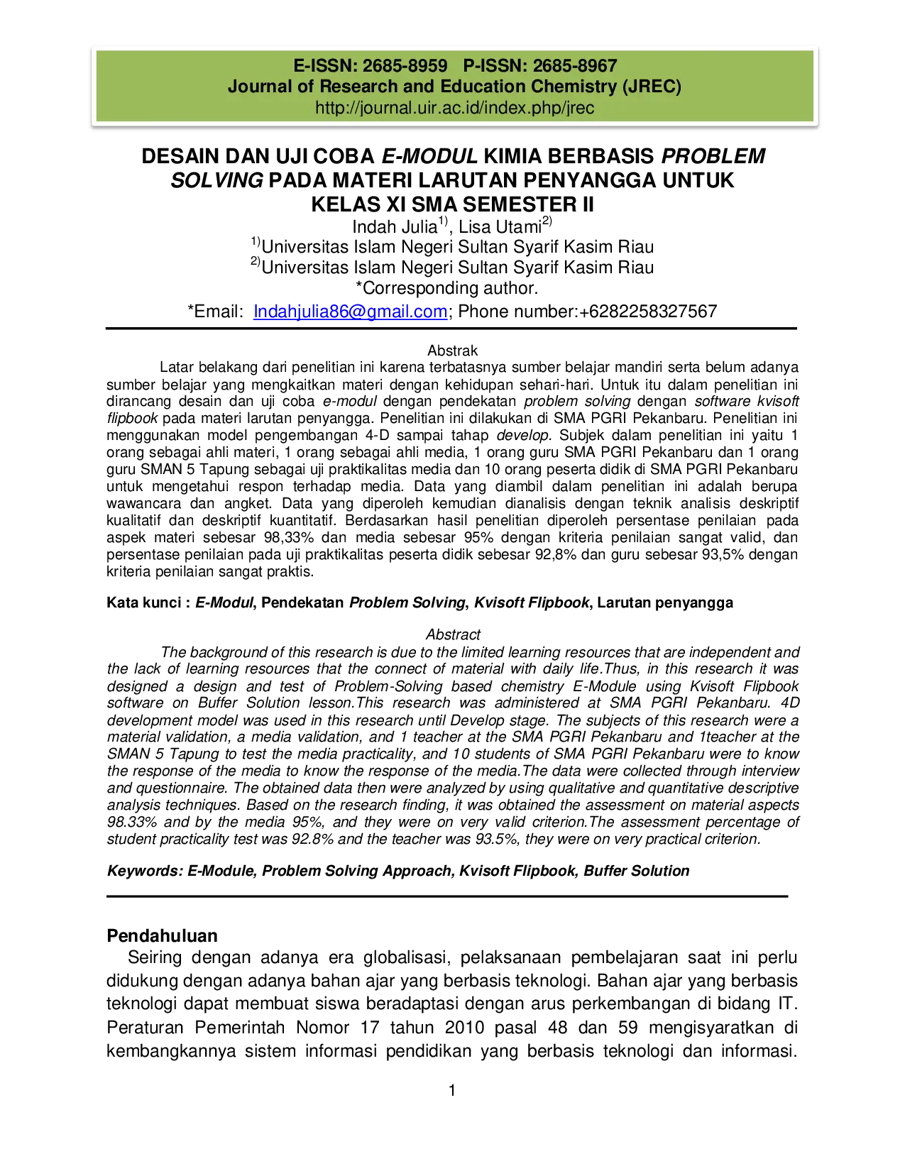 JURIS DESAIN DAN UJI COBA E MODUL KIMIA BERBASIS PROBLEM SOLVING PADA MATERI LARUTAN PENYANGGA UNTUK KELAS XI SMA SEMESTER II E Modul Kimia