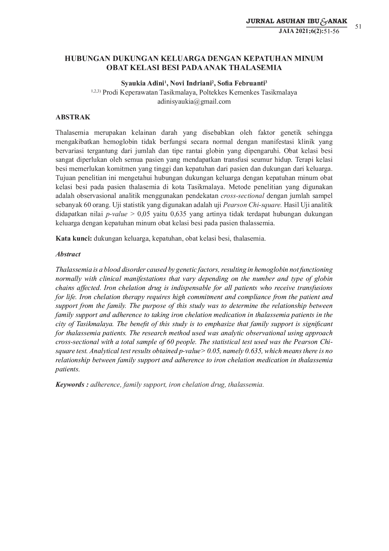 JURIS Hubungan Dukungan Keluarga dengan Kepatuhan Minum Obat Kelasi Besi pada Anak Thalasemia