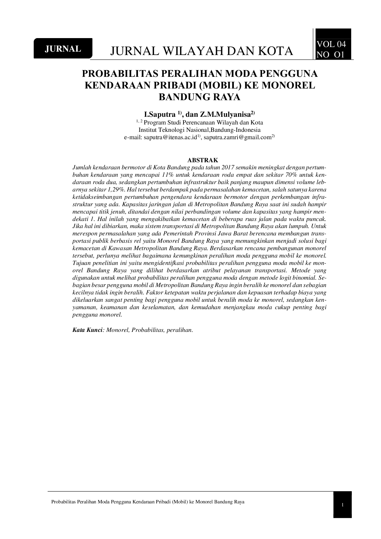 JURIS Probabilitas Peralihan Moda Pengguna Kendaraan Pribadi Mobil ke Monorel Bandung Raya