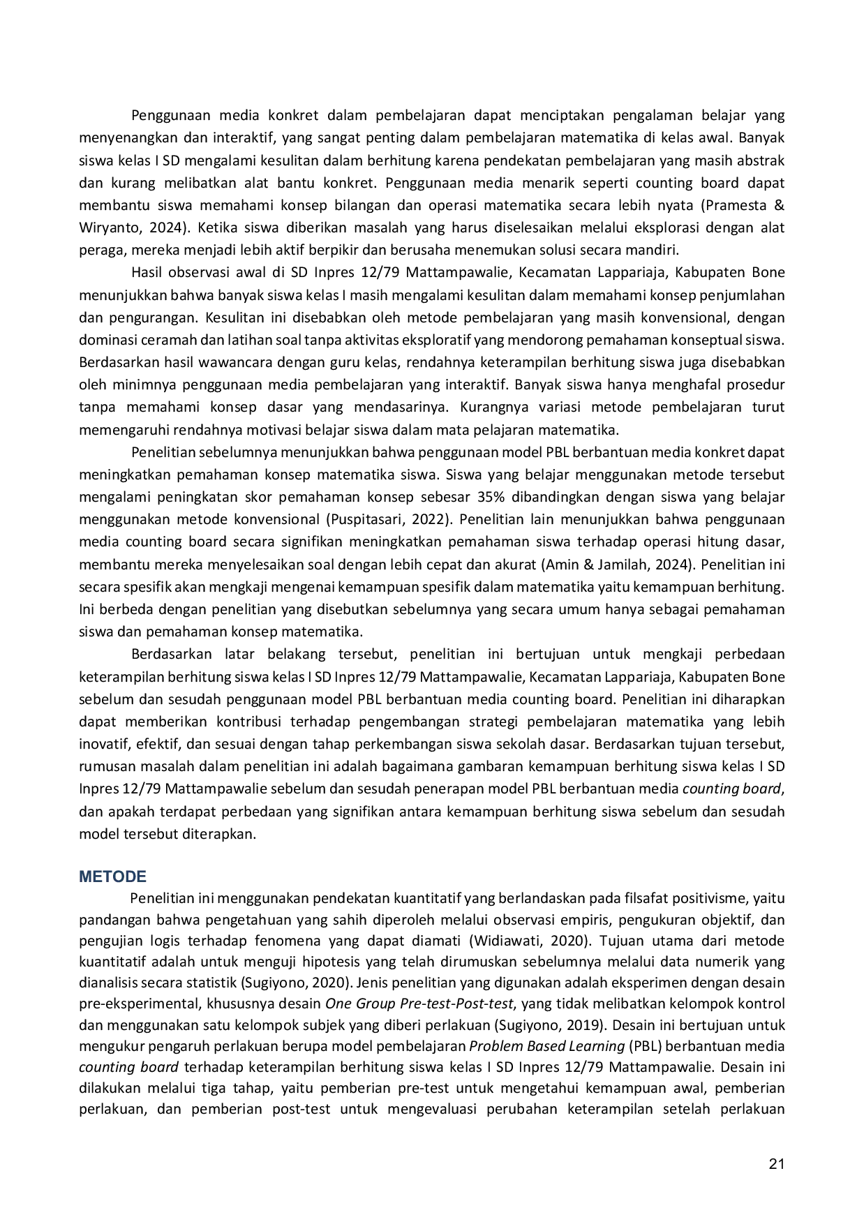 JURIS The Effect of PBL Model Assisted by Counting Board Media on Numeric Skills of Grade 1 Students of Elementary School Inpres 12 79 Mattampawalie Lappariaja District Bone Regency
