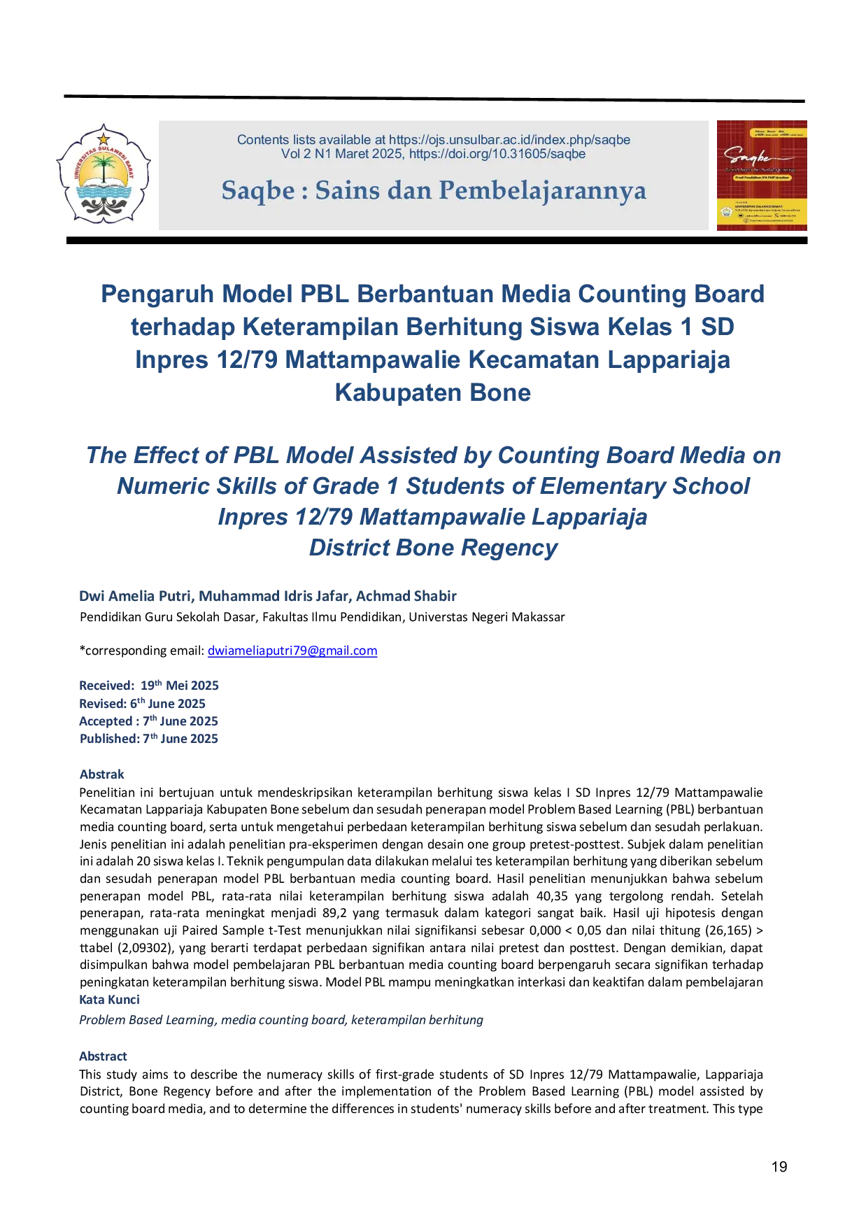 JURIS The Effect of PBL Model Assisted by Counting Board Media on Numeric Skills of Grade 1 Students of Elementary School Inpres 12 79 Mattampawalie Lappariaja District Bone Regency
