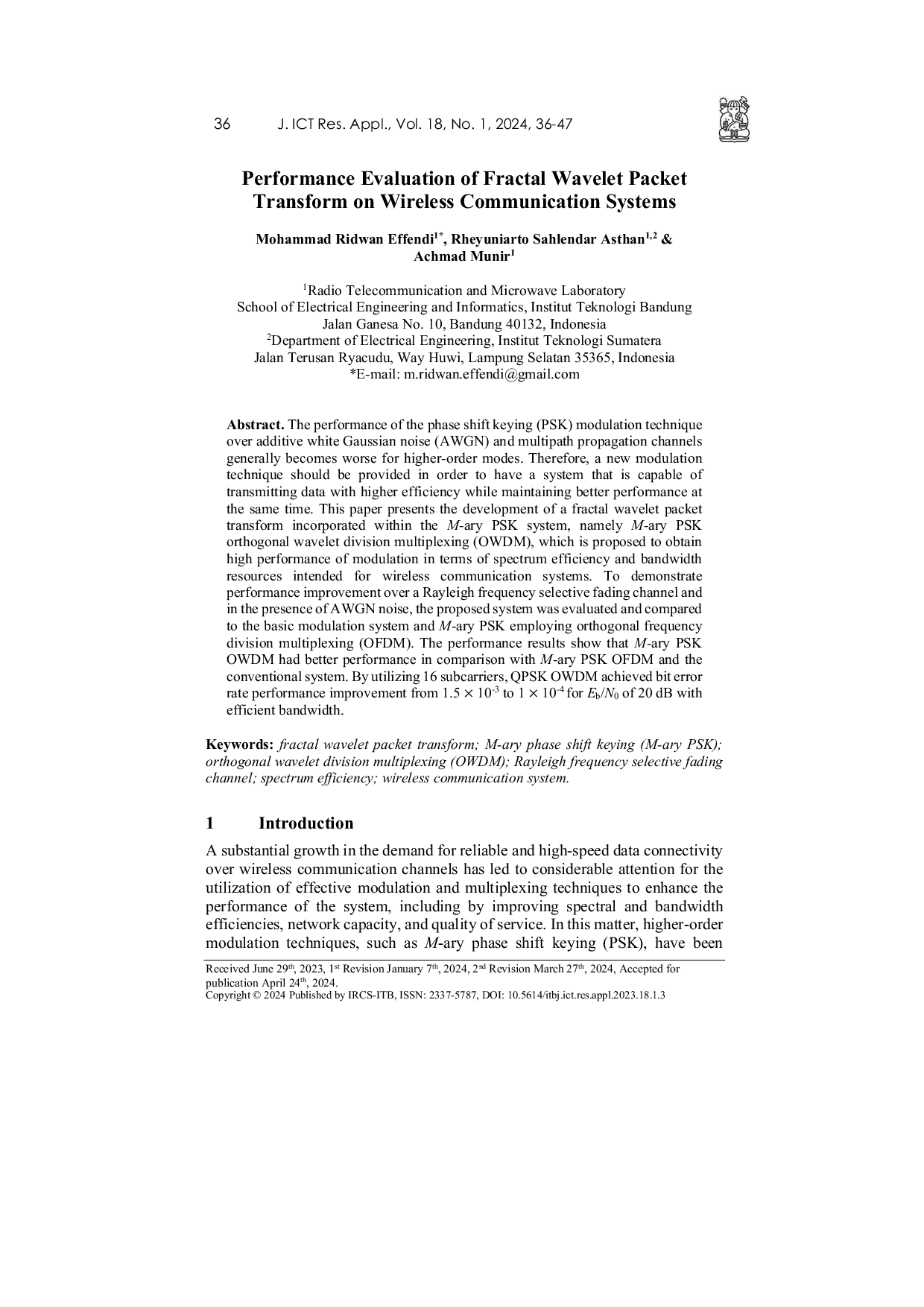 JURIS Performance Evaluation of Fractal Wavelet Packet Transform on Wireless Communication Systems