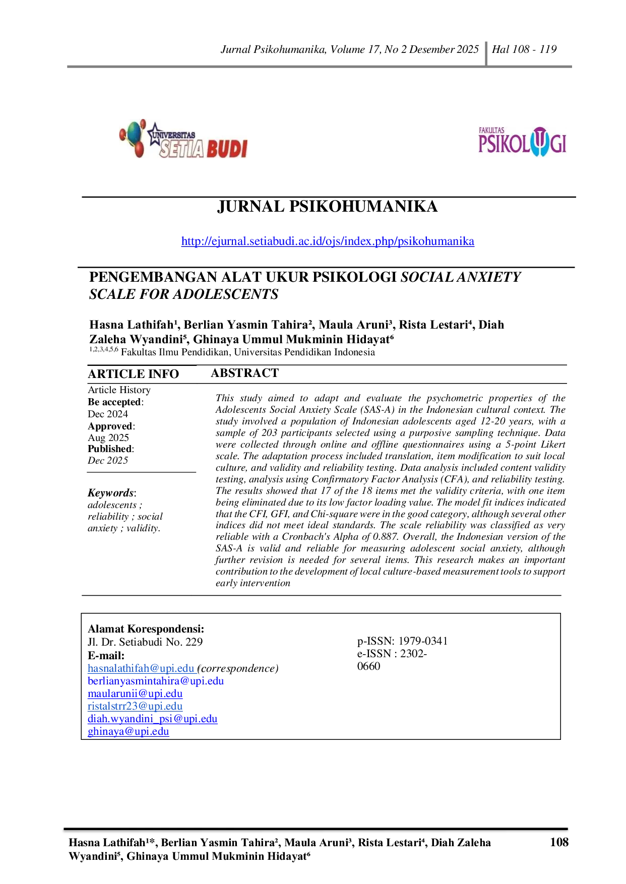 JURIS Pengembangan Alat Ukur Psikologi Social Anxiety Scale For Adolescents