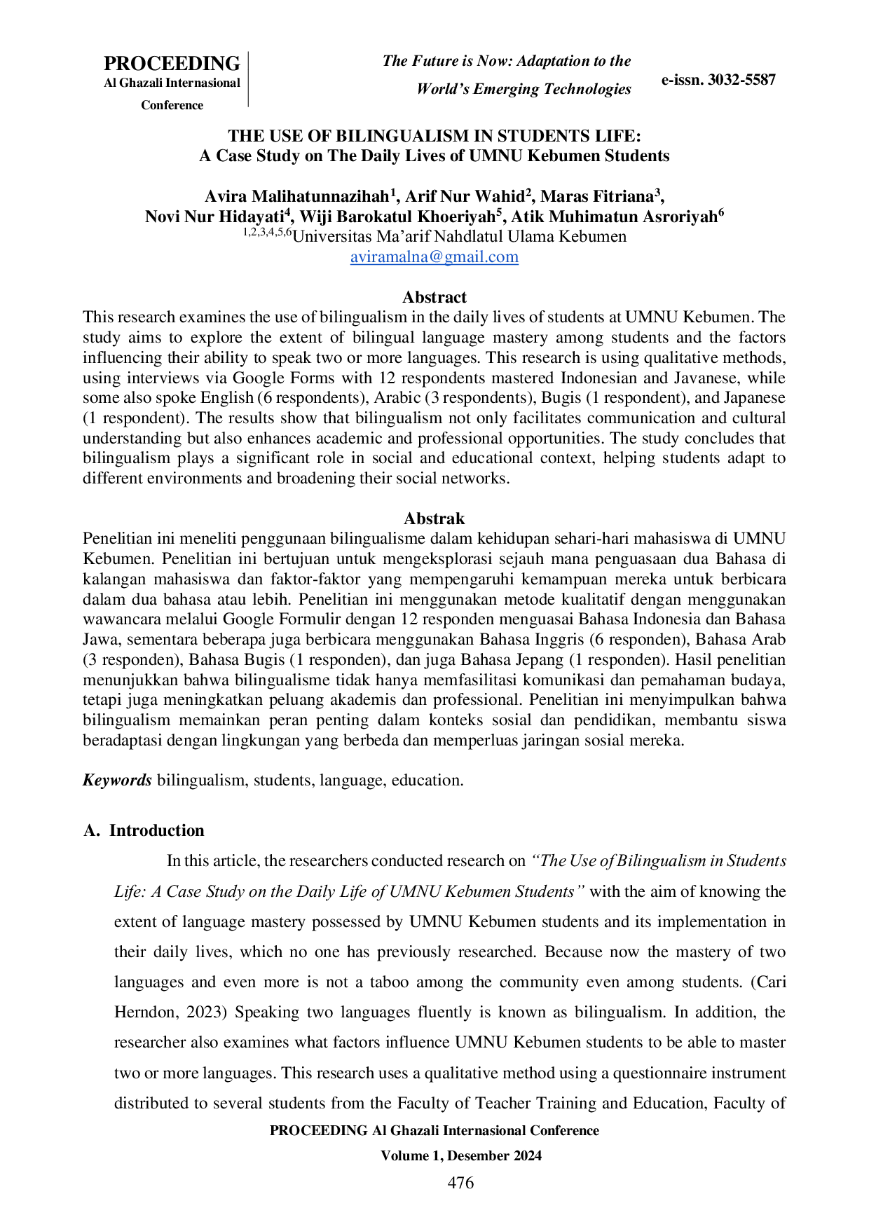 JURIS The Use of Bilingualism in Students Life A Case Study on The Daily Lives of UMNU Kebumen Students