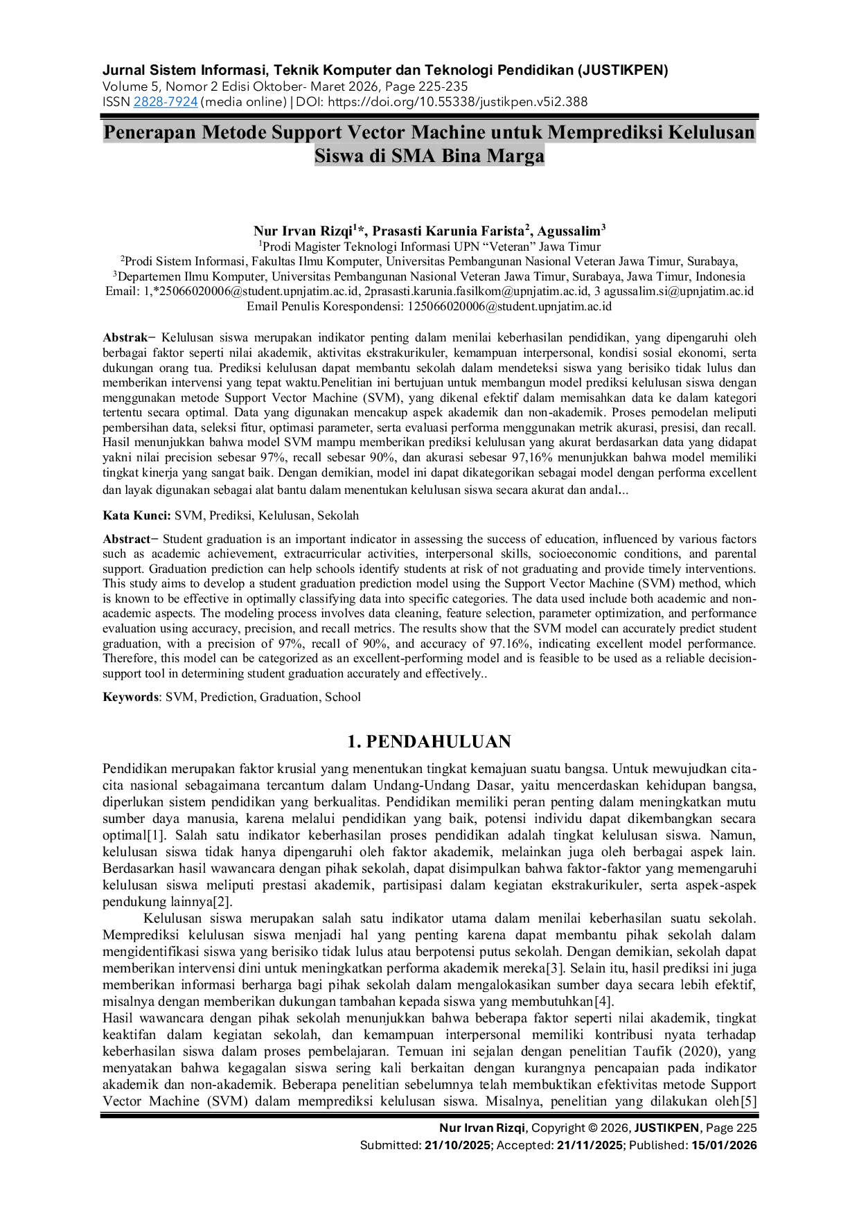 JURIS Application of Penerapan Metode Support Vector Machine untuk Memprediksi Kelulusan Siswa di SMA Bina Marga