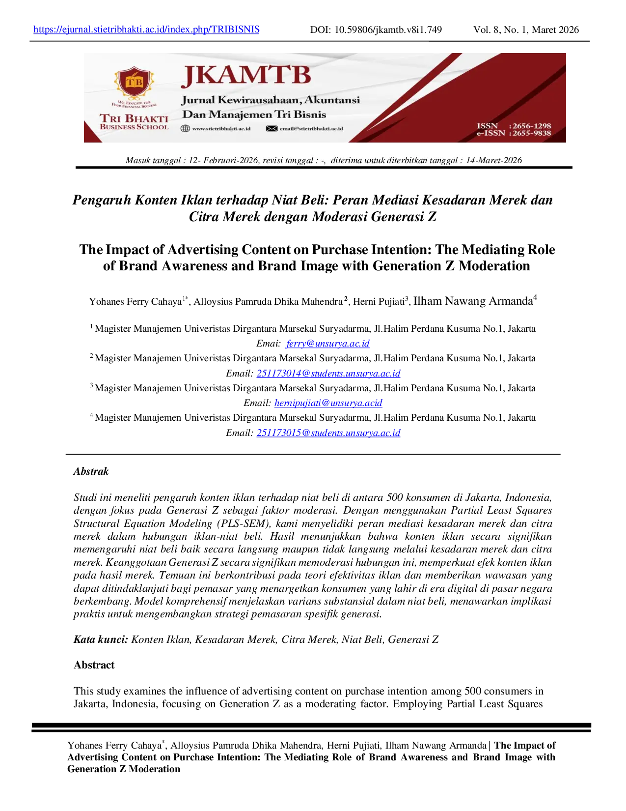 JURIS The Impact of Advertising Content on Purchase Intention The Mediating Role of Brand Awareness and Brand Image with Generation Z Moderation
