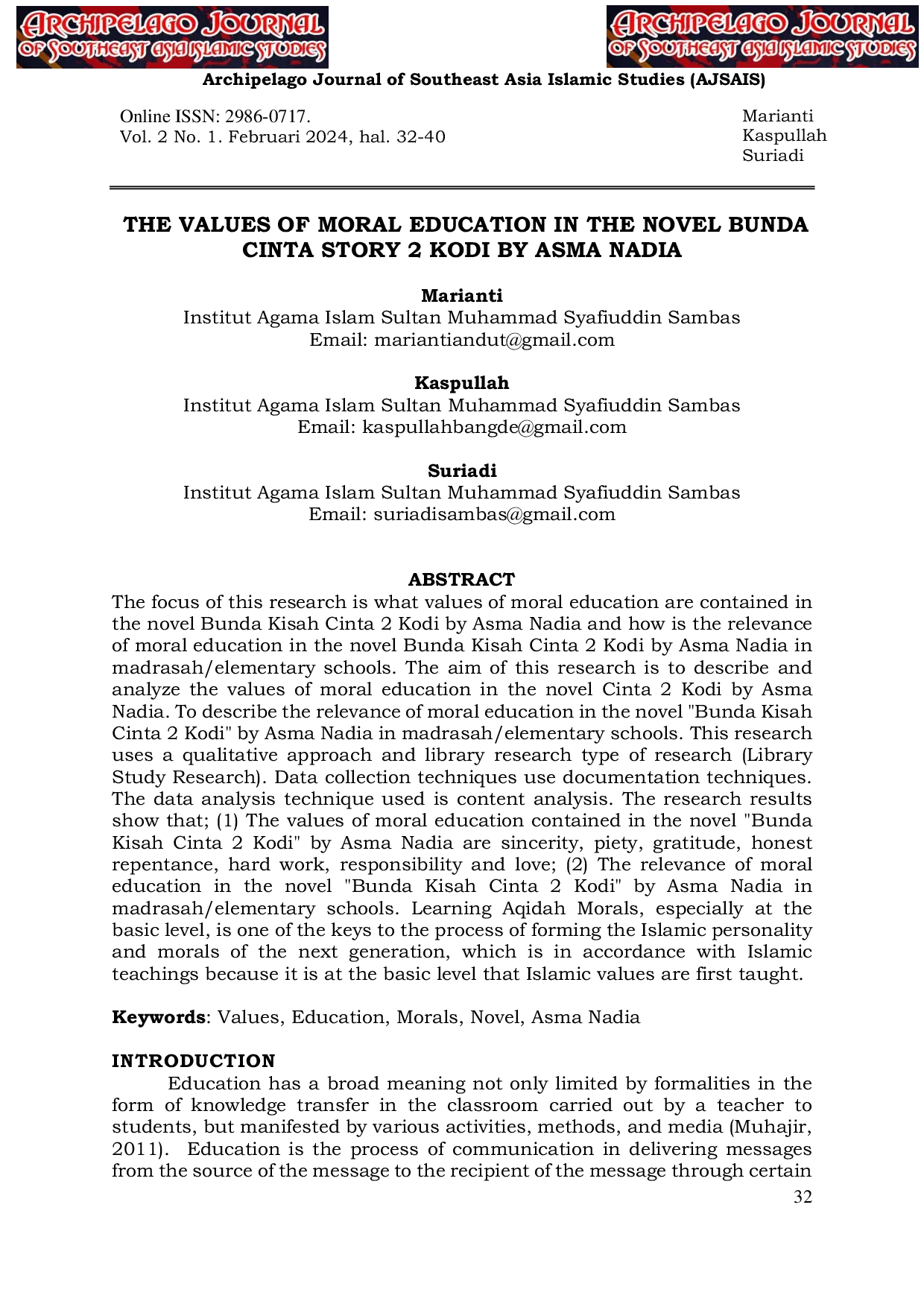 JURIS The Values of Moral Education in the Novel Bunda Cinta Story 2 Kodi by Asma Nadia