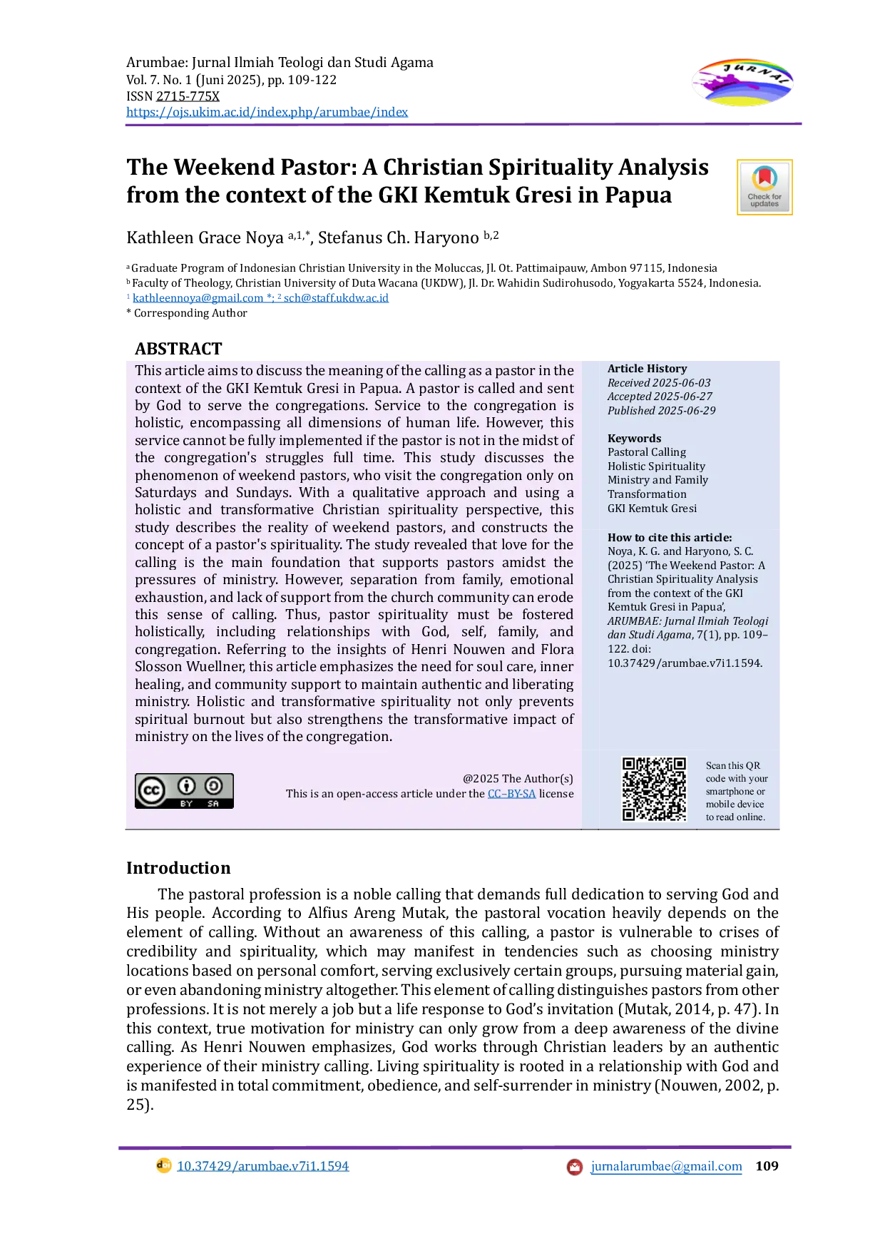 JURIS The Weekend Pastor A Christian Spirituality Analysis from the context of the GKI Kemtuk Gresi in Papua