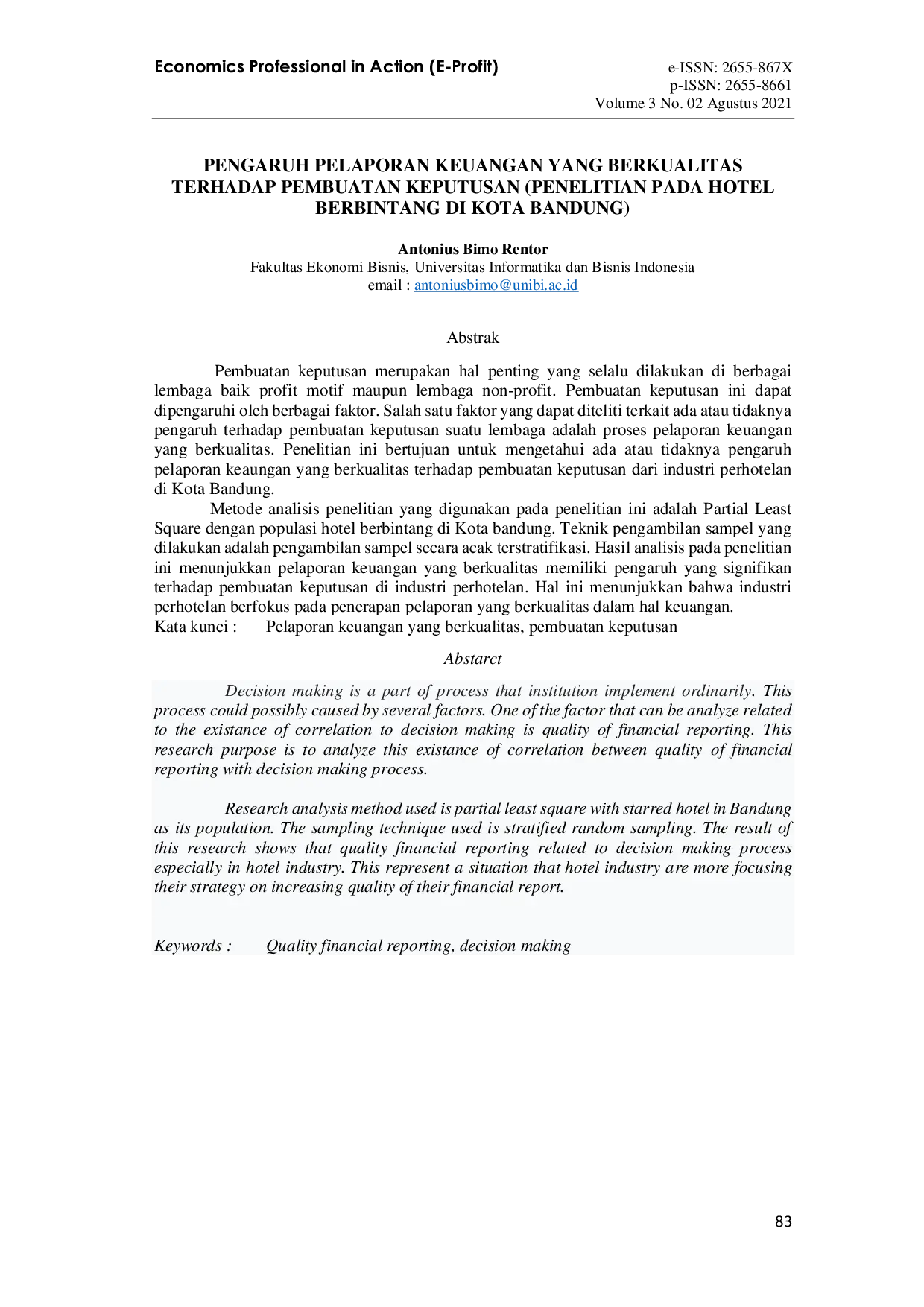JURIS Pengaruh Pelaporan Keuangan Yang Berkualitas Terhadap Pembuatan Keputusan Penelitian Pada Hotel Berbintang Di Kota Bandung