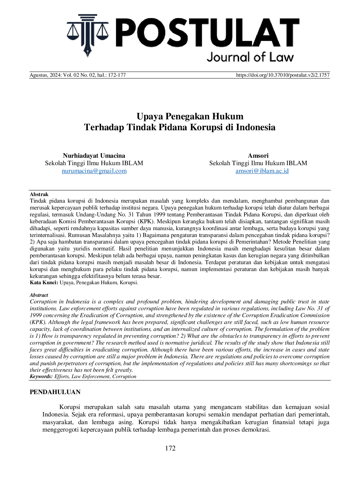 JURIS Upaya Penegakan Hukum Terhadap Tindak Pidana Korupsi di Indonesia