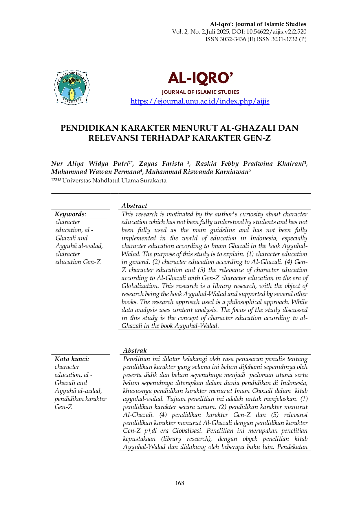 JURIS Pendidikan Karakter Menurut Al Ghazali dan Relevansi Terhadap Karakter Gen Z