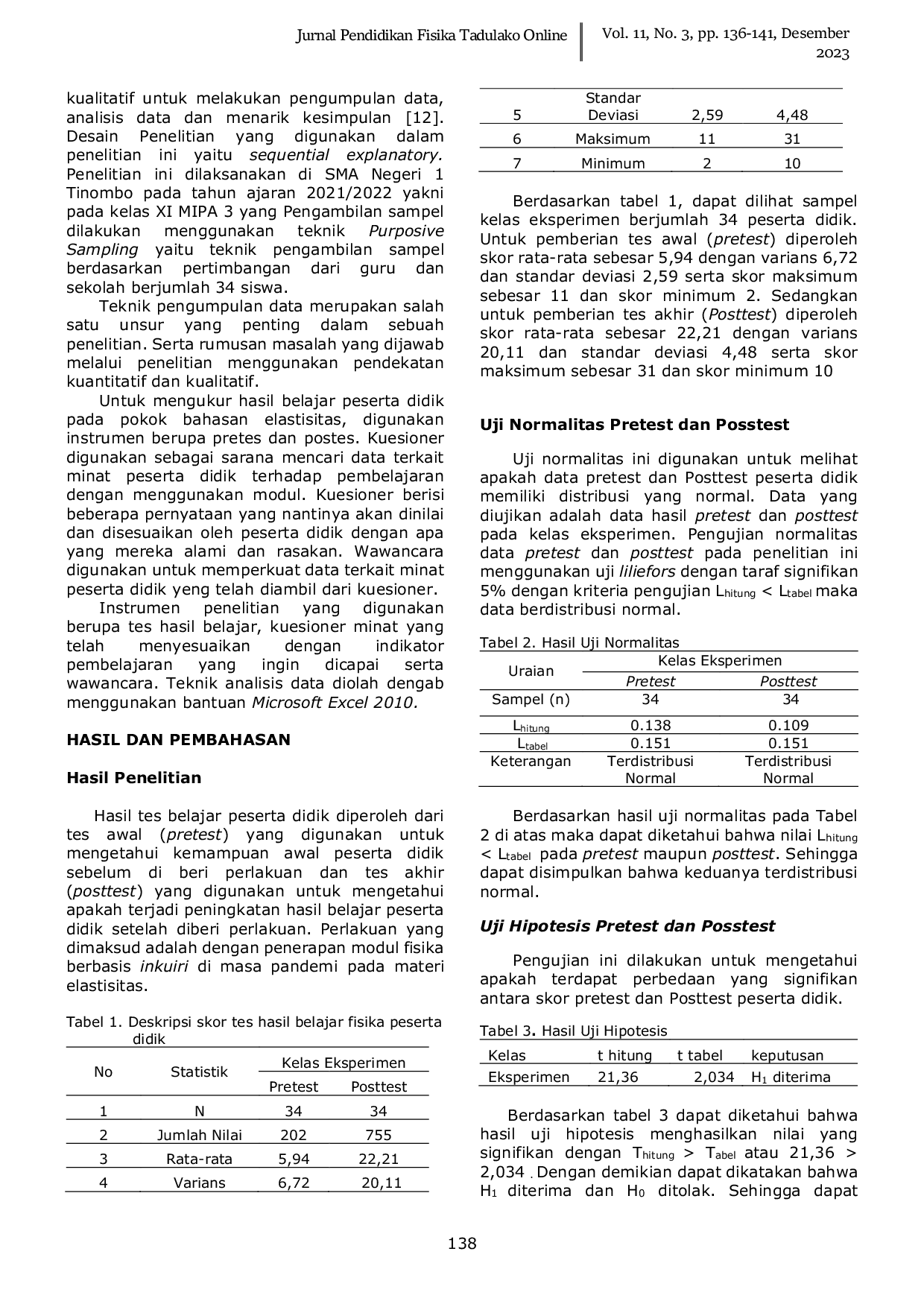 JURIS Pembelajaran Modul Fisika Berbasis Inkuiri di Masa Pandemi di Kelas XI SMA Negeri 1 Tinombo