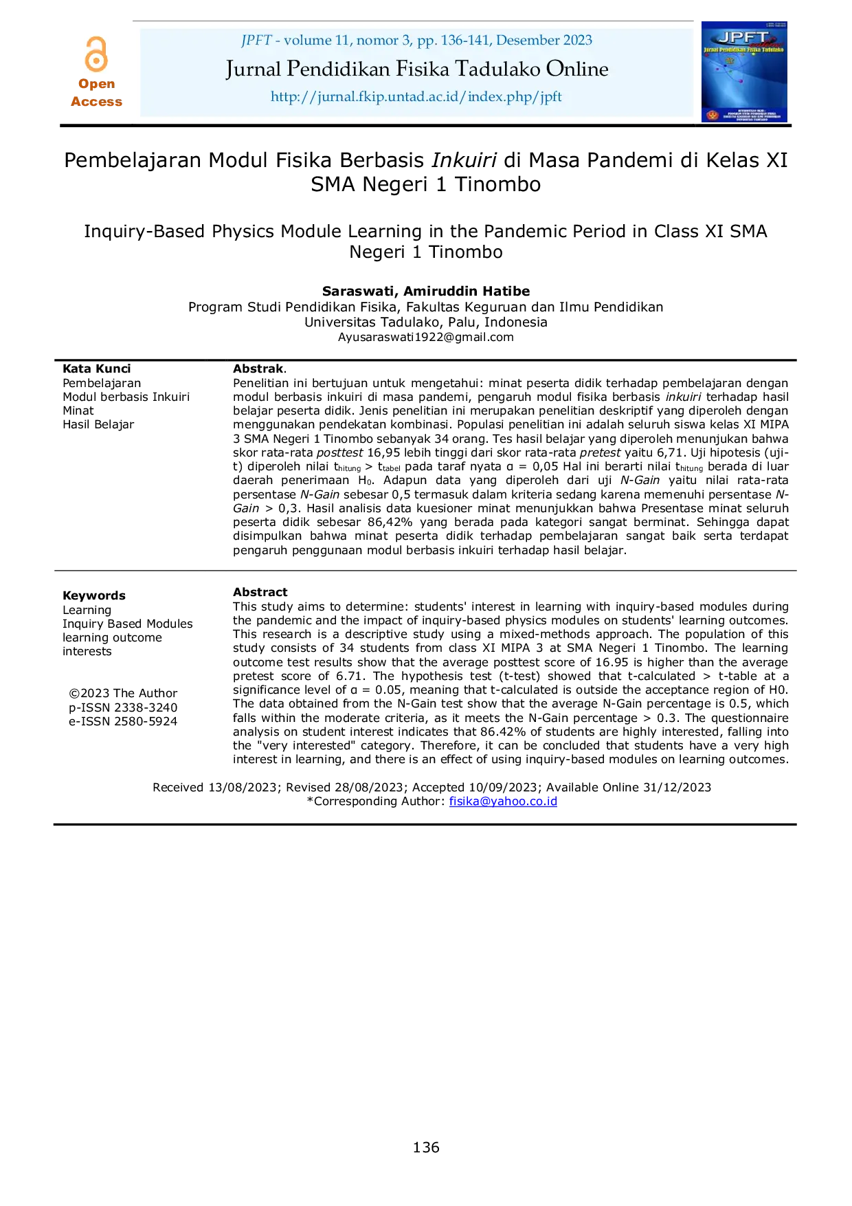 JURIS Pembelajaran Modul Fisika Berbasis Inkuiri di Masa Pandemi di Kelas XI SMA Negeri 1 Tinombo