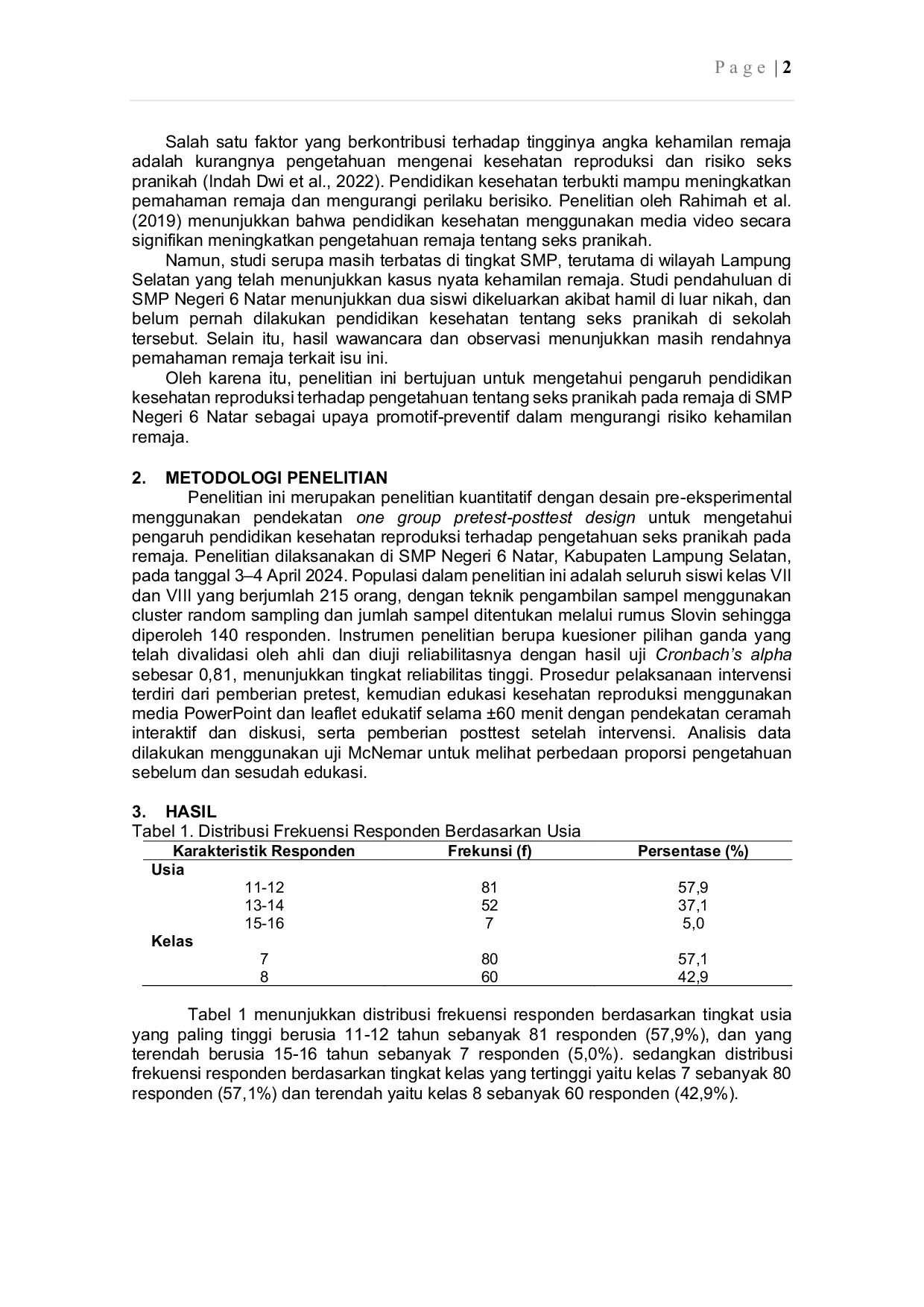 JURIS Pengaruh Pendidikan Kesehatan Reproduksi Terhadap Pengetahuan Seks Pranikah Pada Remaja di SMP N 6 Natar