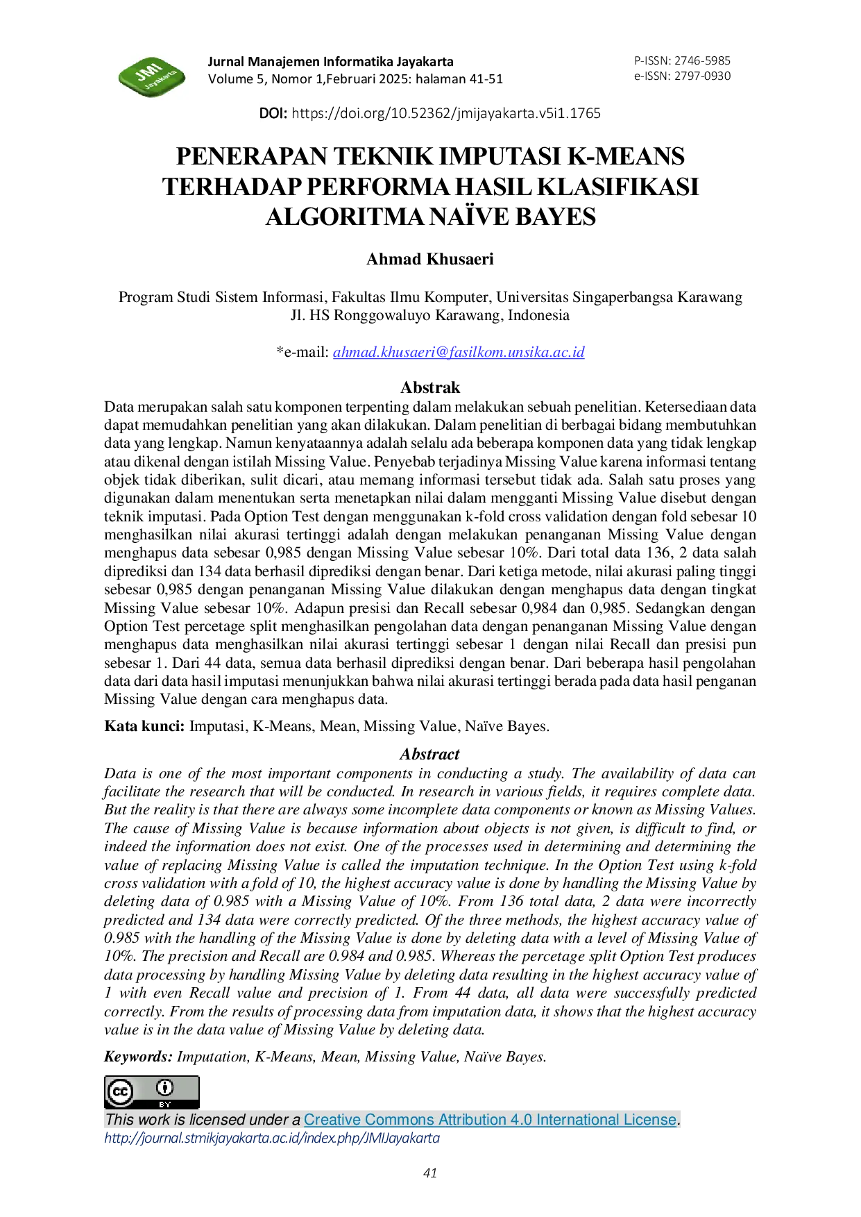 JURIS Penerapan Teknik Imputasi K Means Terhadap Performa Hasil Klasifikasi Algoritma Na ve Bayes