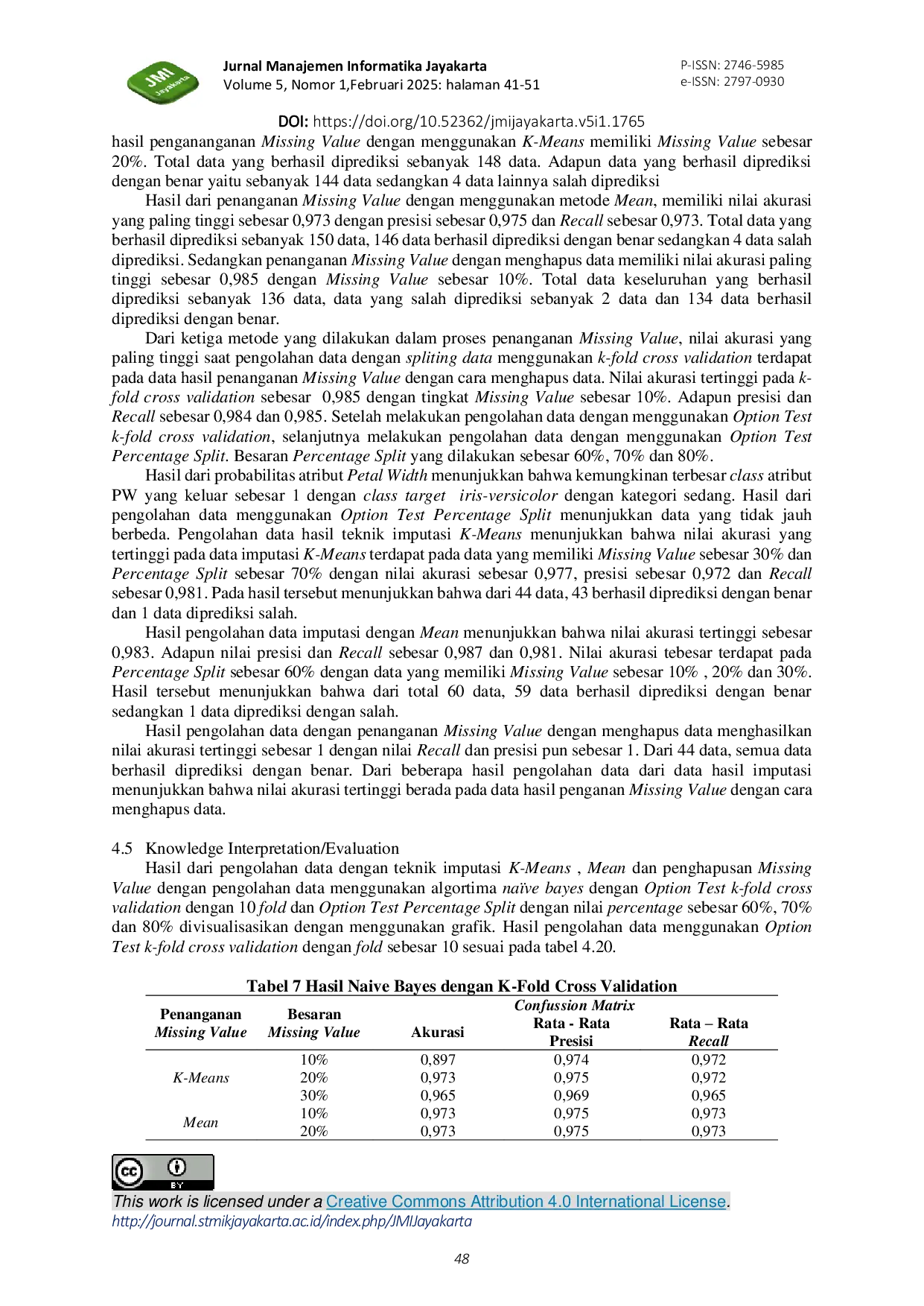 JURIS Penerapan Teknik Imputasi K Means Terhadap Performa Hasil Klasifikasi Algoritma Na ve Bayes