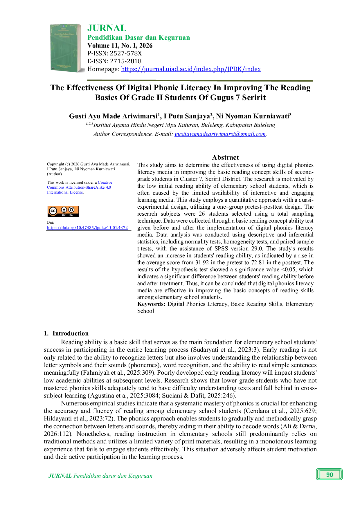 JURIS The Effectiveness Of Digital Phonic Literacy In Improving The Reading Basics Of Grade II Students Of Gugus 7 Seririt