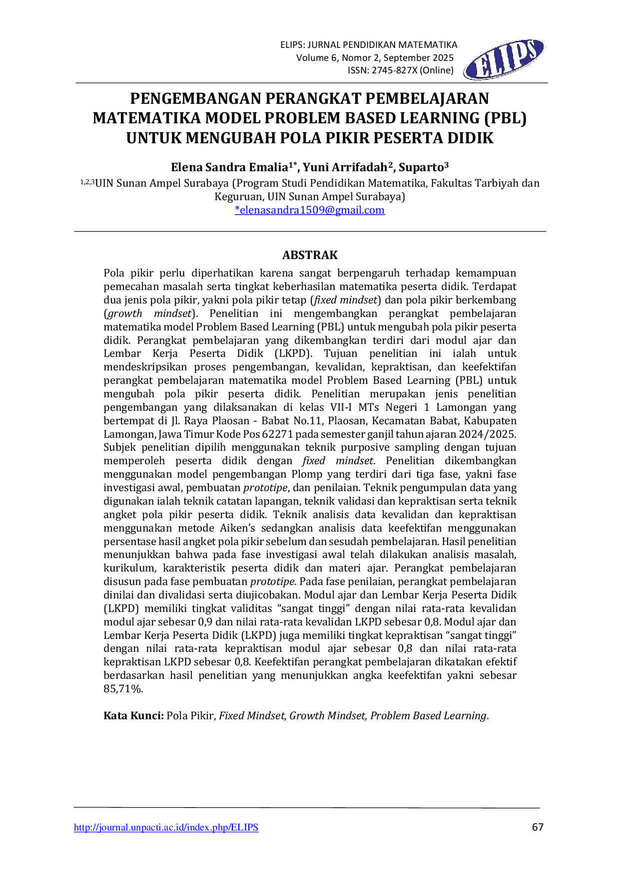 JURIS Pengembangan Perangkat Pembelajaran Matematika Model Problem Based Learning PBL untuk Mengubah Pola Pikir Peserta Didik
