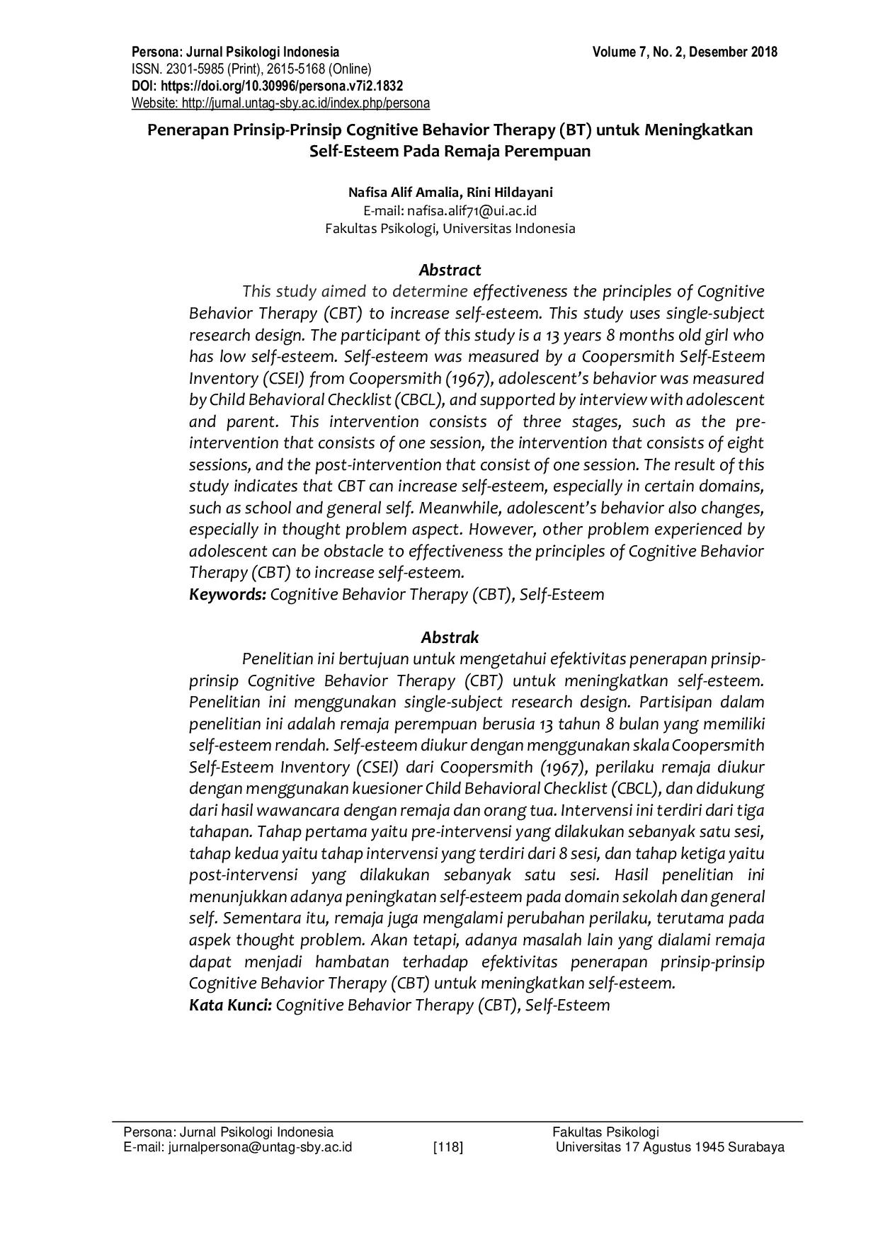 JURIS Penerapan Prinsip Prinsip Cognitive Behavior Therapy BT untuk Meningkatkan Self Esteem Pada Remaja Perempuan