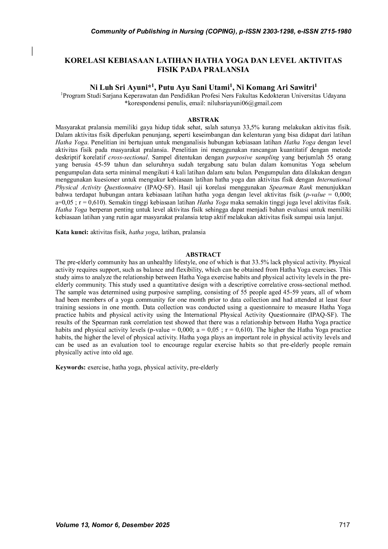 JURIS Korelasi Kebiasaan Latihan Hatha Yoga Dan Level Aktivitas Fisik Pada Pralansia