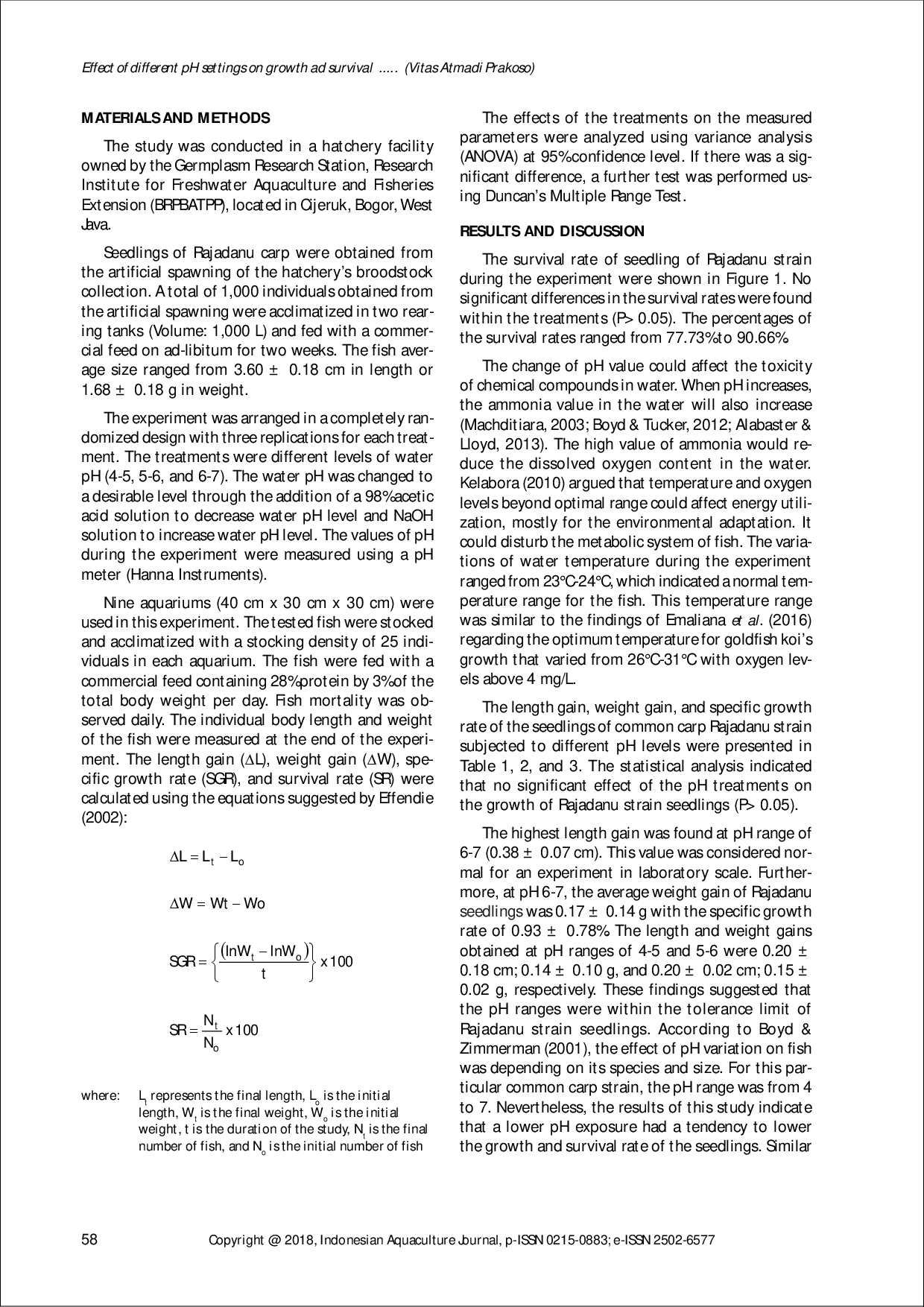 juris EFFECTS OF DIFFERENT pH SETTINGS ON GROWTH AND SURVIVAL OF COMMON CARP RAJADANU STRAIN