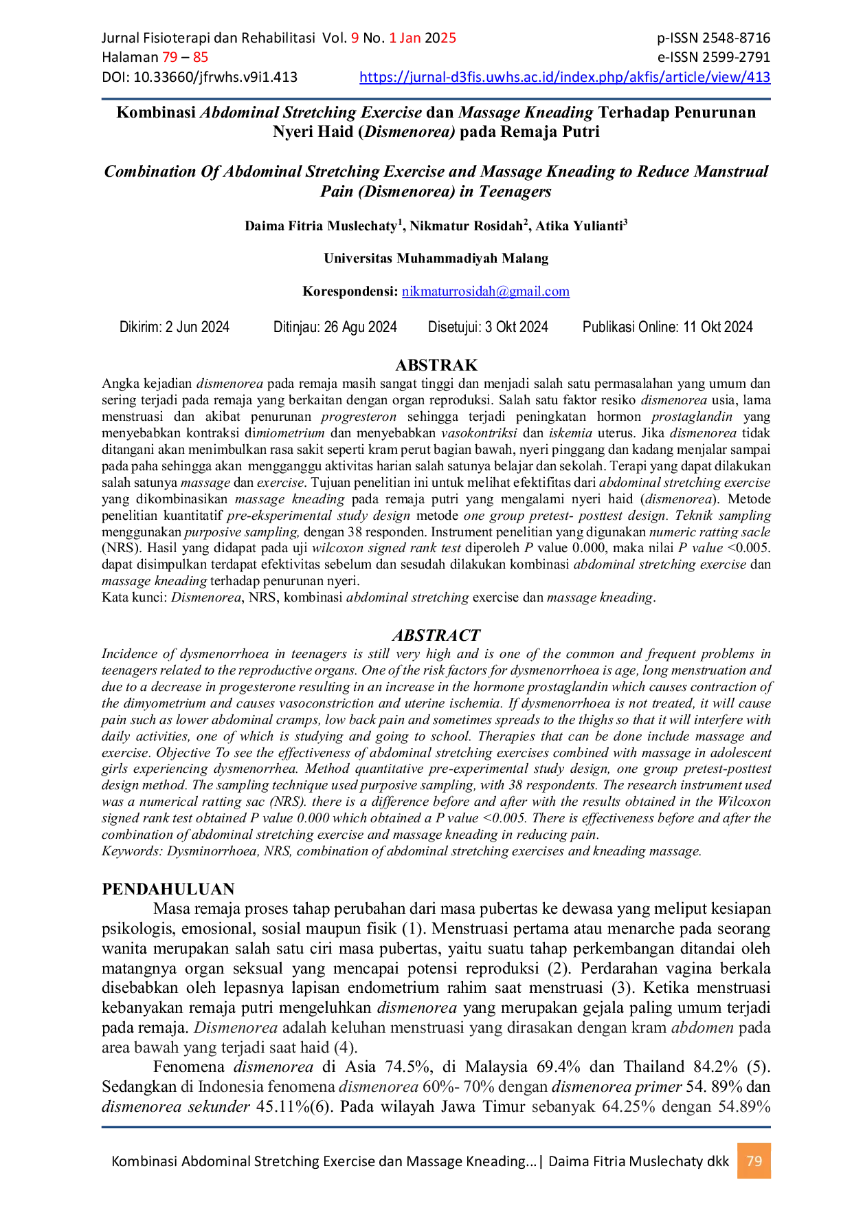 JURIS Kombinasi Abdominal Stretching Exercise dan Massage Kneading Terhadap Penurunan Nyeri Haid Dismenorea pada Remaja Putri
