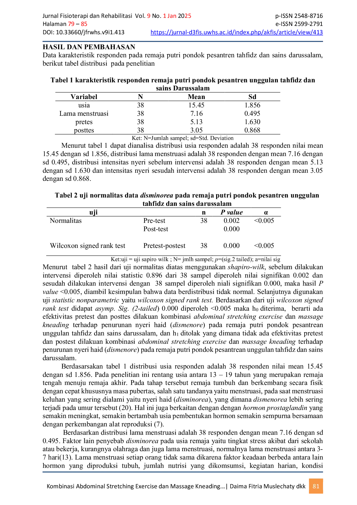 JURIS Kombinasi Abdominal Stretching Exercise dan Massage Kneading Terhadap Penurunan Nyeri Haid Dismenorea pada Remaja Putri