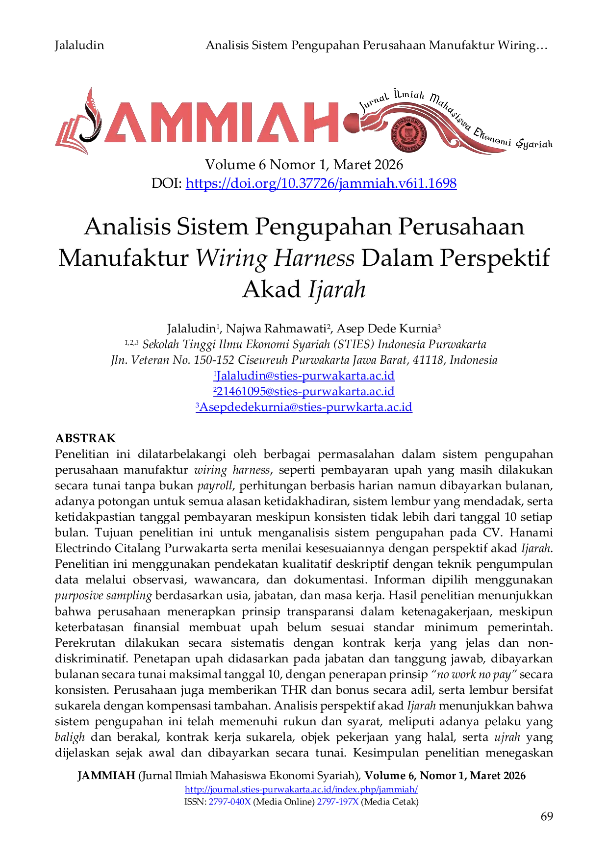 JURIS Analisis Sistem Pengupahan Perusahaan Manufaktur Wiring Harness Dalam Perspektif Akad Ijarah