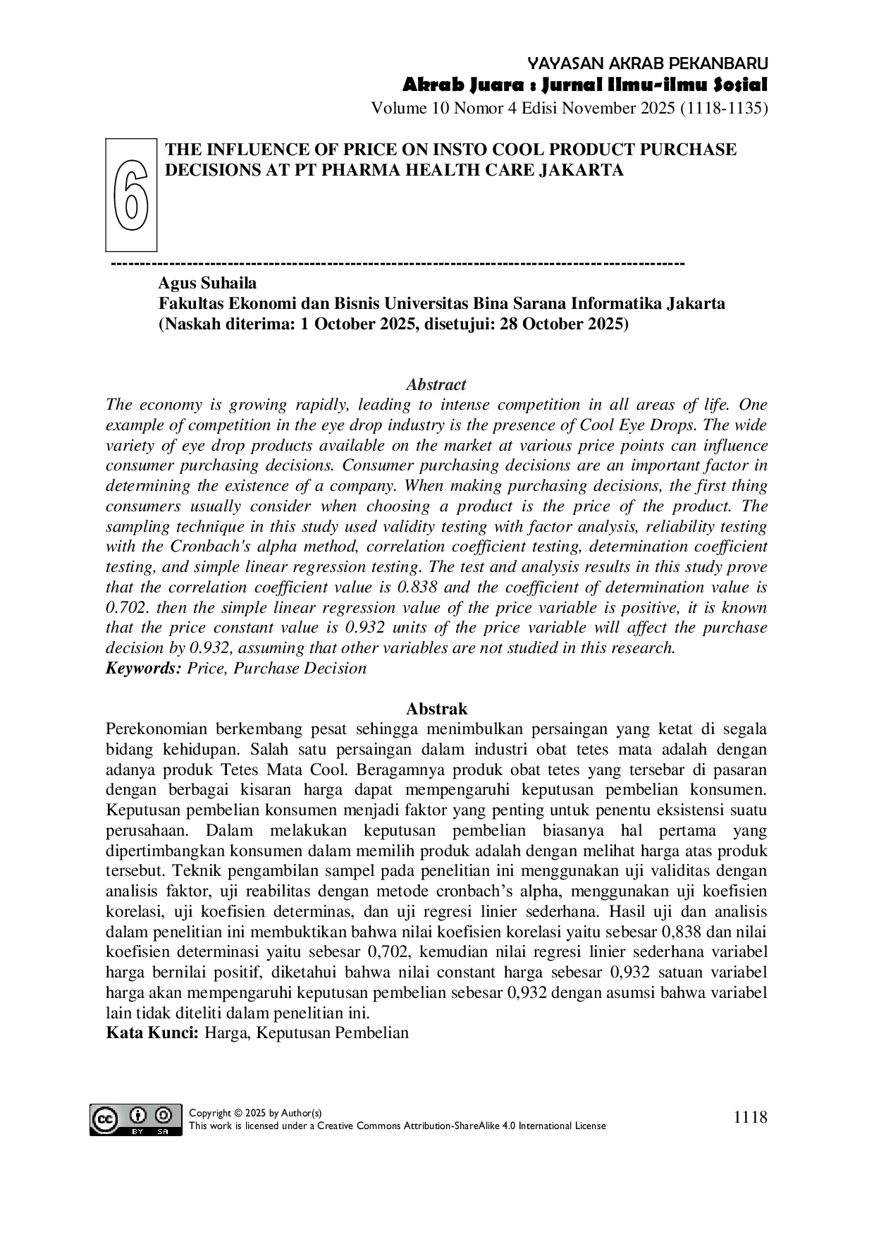 JURIS Pengaruh Harga Terhadap Keputusan Pembelian Produk Insto Cool Di Pt Pharma Health Care Jakarta