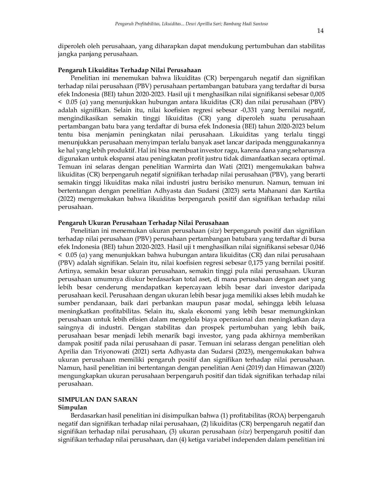JURIS Pengaruh Profitabilitas Likuiditas Dan Ukuran Perusahaan Terhadap Nilai Perusahaan Pertambangan Batu Bara