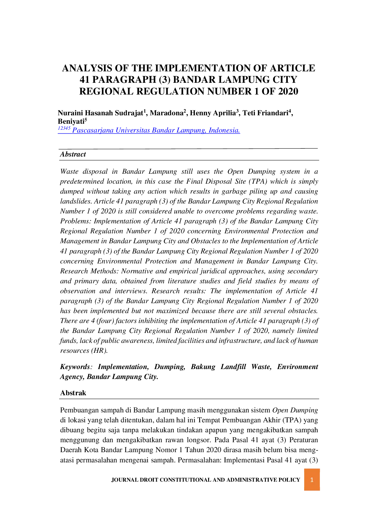 JURIS Analysis Of The Implementation Of Article 41 Paragraph 3 Bandar Lampung City Regional Regulation Number 1 Of 2020