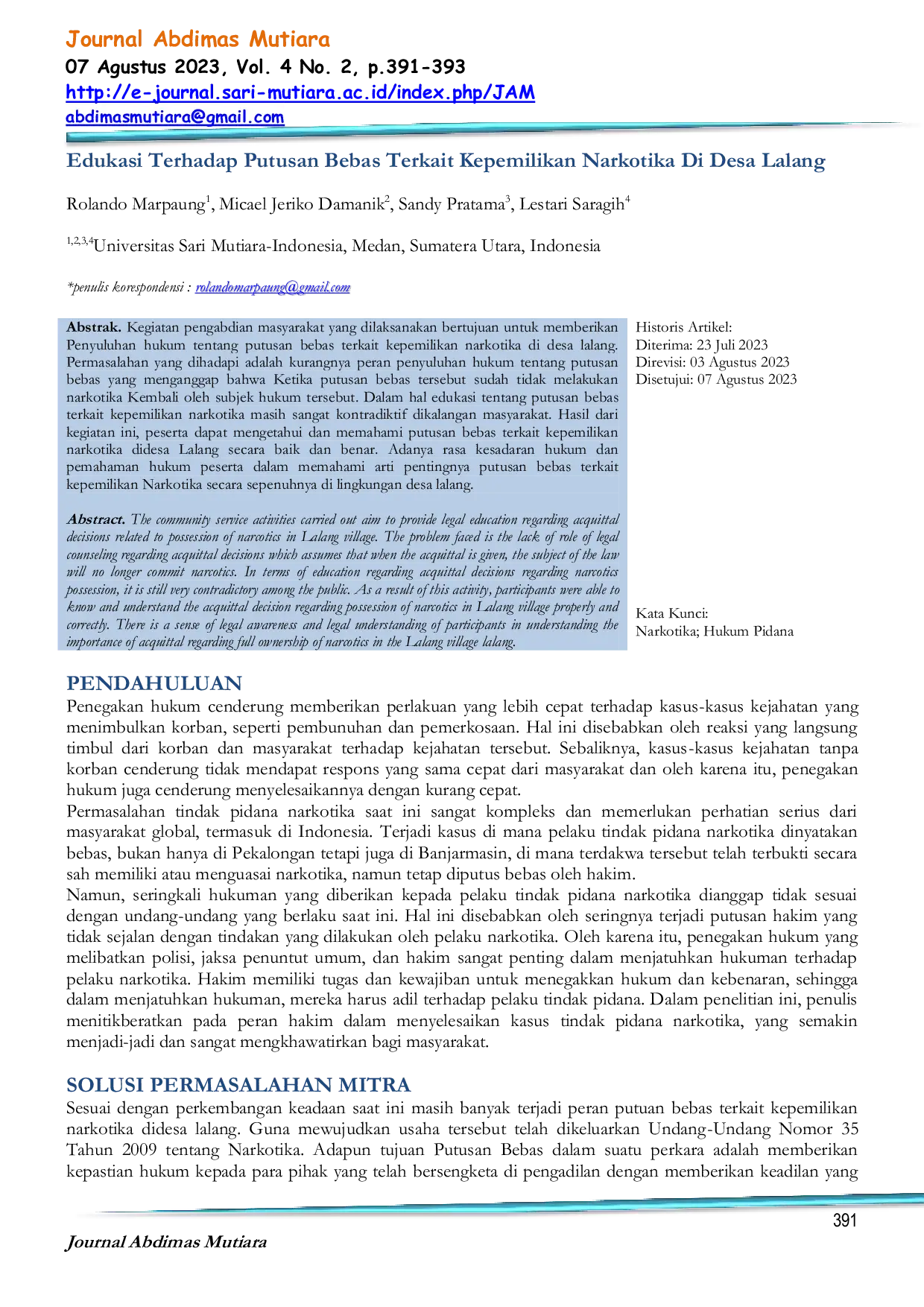 JURIS Edukasi Terhadap Putusan Bebas Terkait Kepemilikan Narkotika Di Desa Lalang