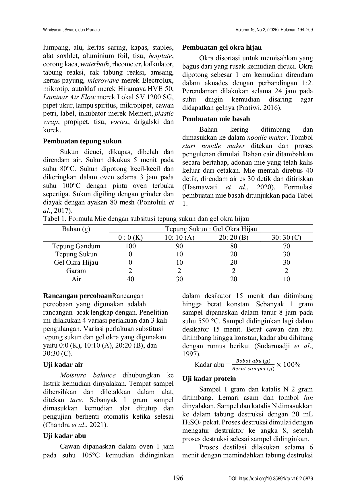 JURIS Kualitas mie basah dengan substitusi tepung sukun dan gel okra sebagai pengikat The quality of wet noodles with breadfruit flour and okra gel substitution as a binder