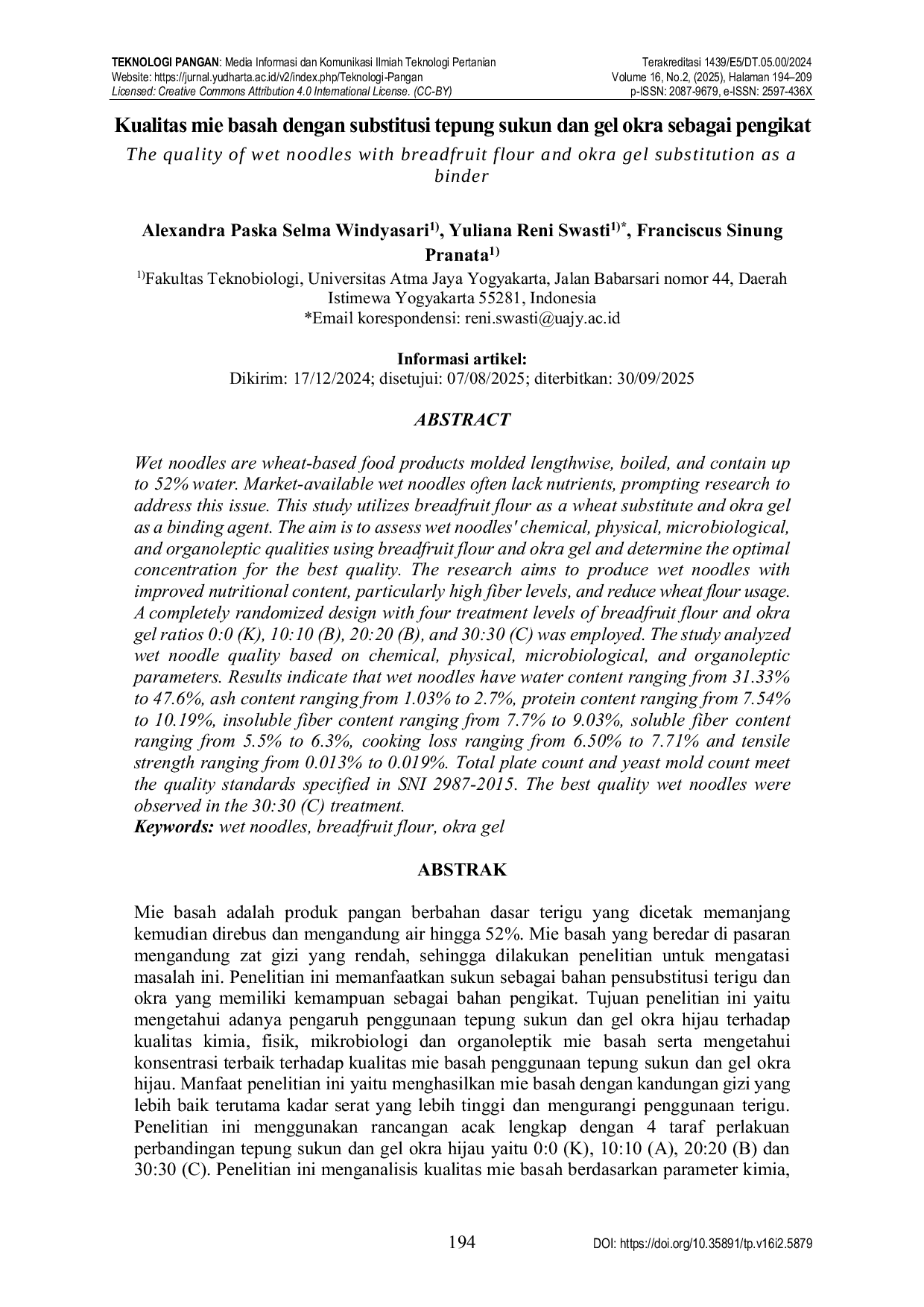 JURIS Kualitas mie basah dengan substitusi tepung sukun dan gel okra sebagai pengikat The quality of wet noodles with breadfruit flour and okra gel substitution as a binder