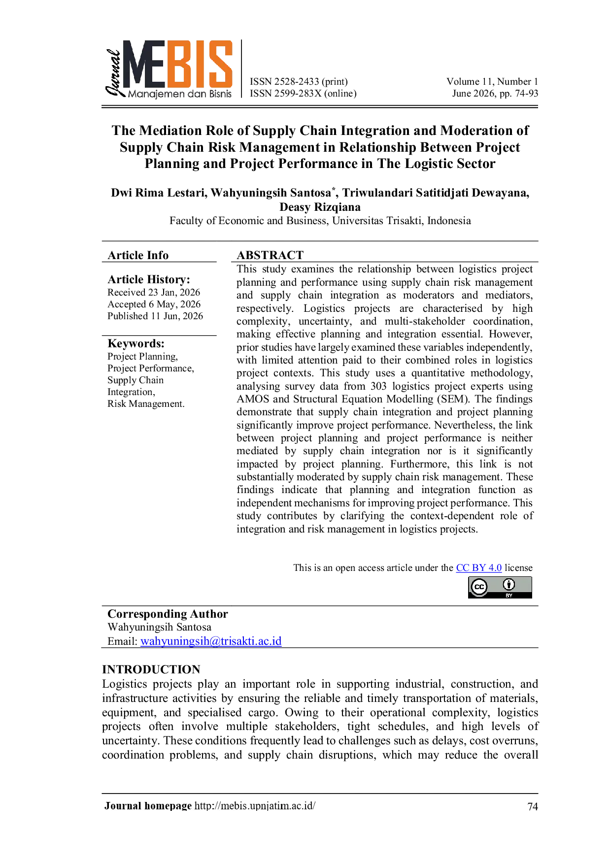 JURIS The Mediation Role of Supply Chain Integration and Moderation of Supply Chain Risk Management in Relationship Between Project Planning and Project Performance in The Logistic Sector