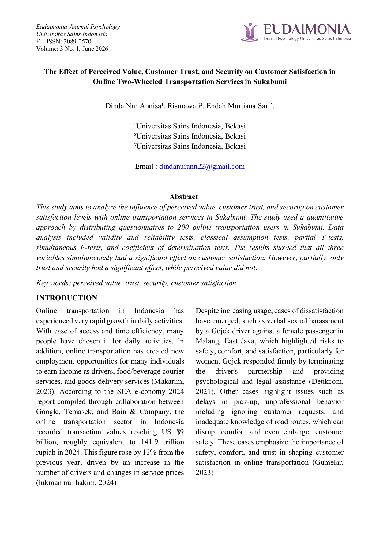JURIS The Effect of Perceived Value Customer Trust and Security on Customer Satisfaction in Online Two Wheeled Transportation Services in Sukabumi
